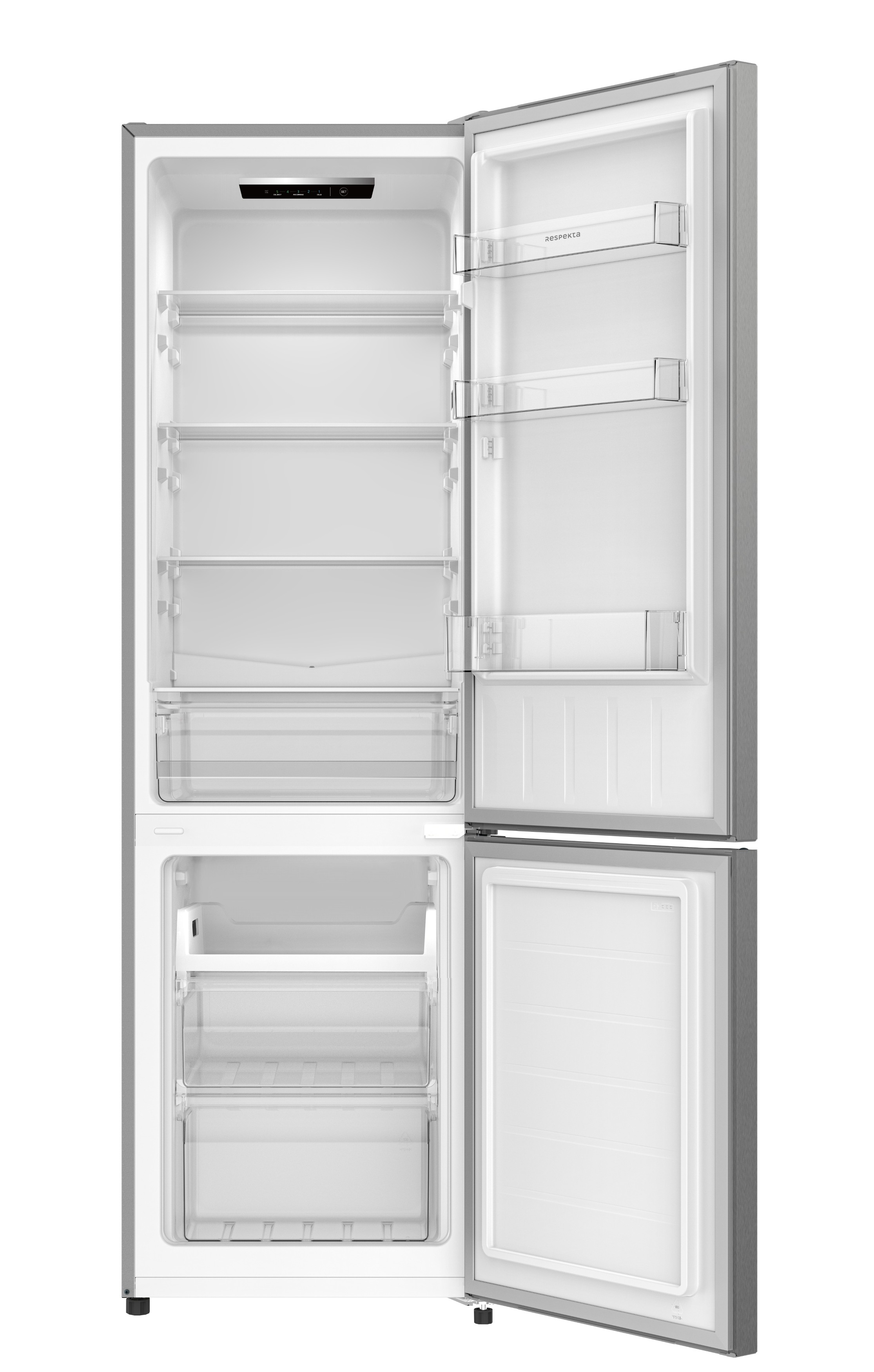 Offener Kühlschrank mit Innenregalen, Schubladen und Gefrierfach. Die Tür ist offen.