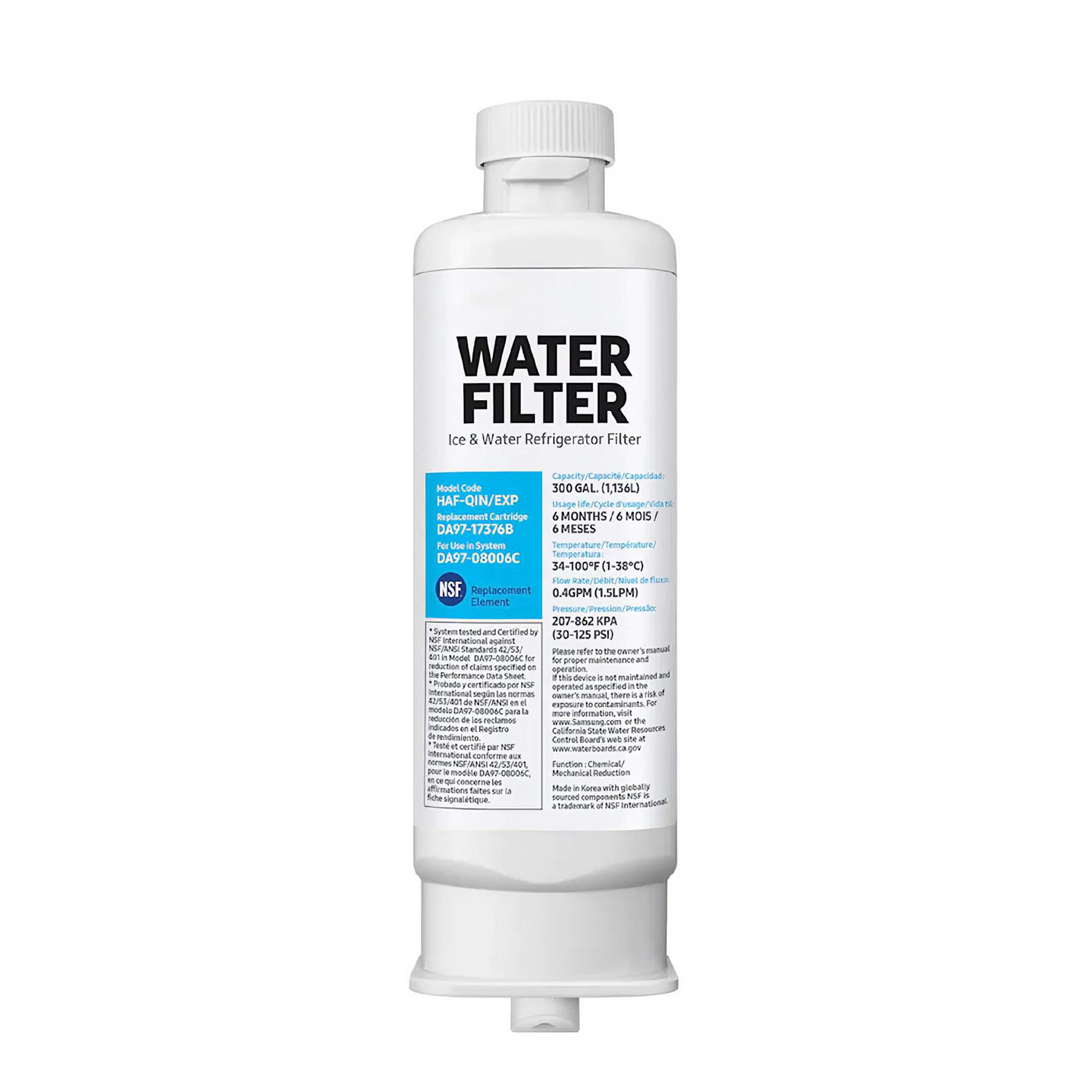 Weißer Wasserfilter mit schwarzem Text: WATER FILTER. Details: Modellcode, Kapazität und NSF Replacement Element.