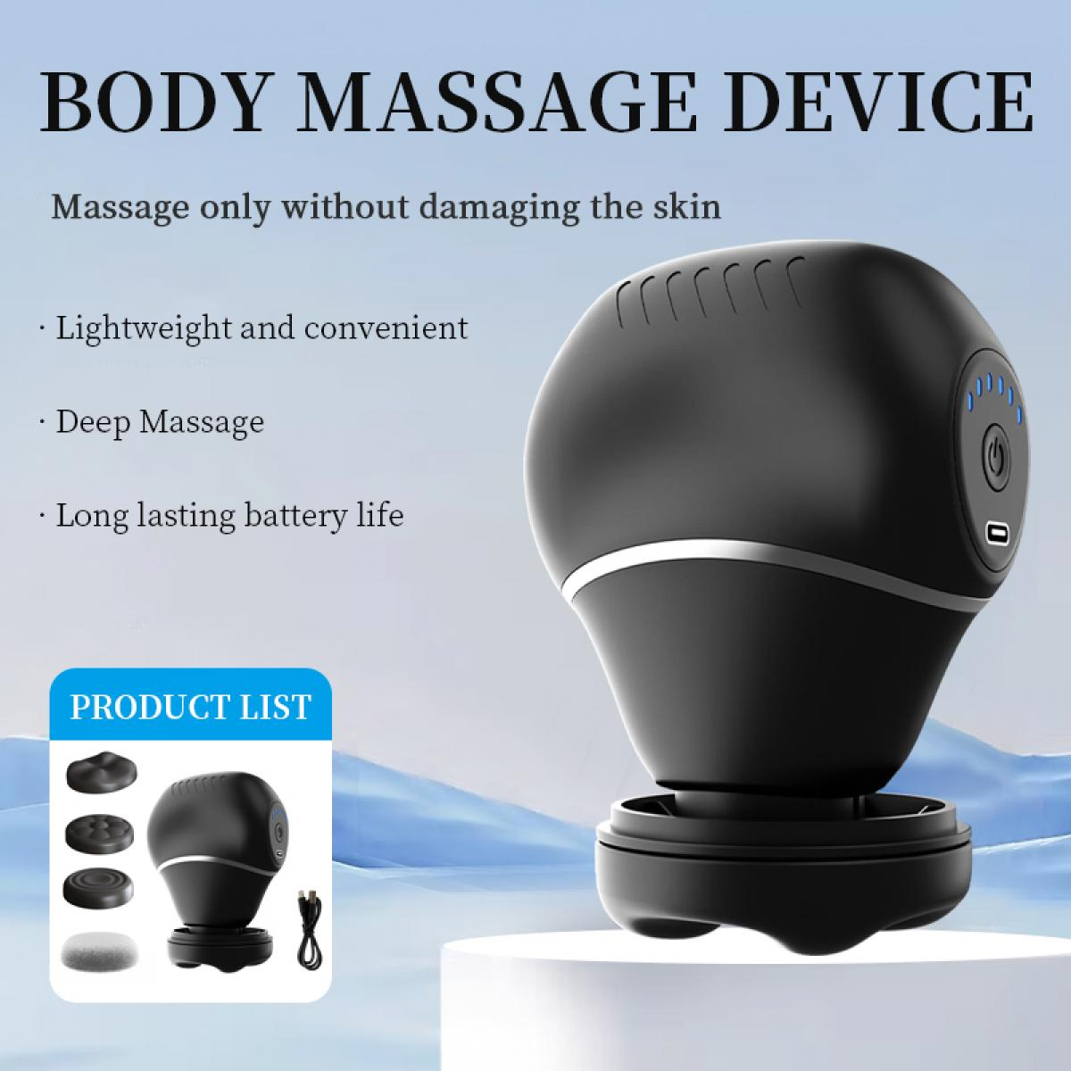 Ein schwarzes Körpermassagegerät mit Text, der Funktionen wie geringes Gewicht, Tiefenmassage und lange Akkulaufzeit angibt.
