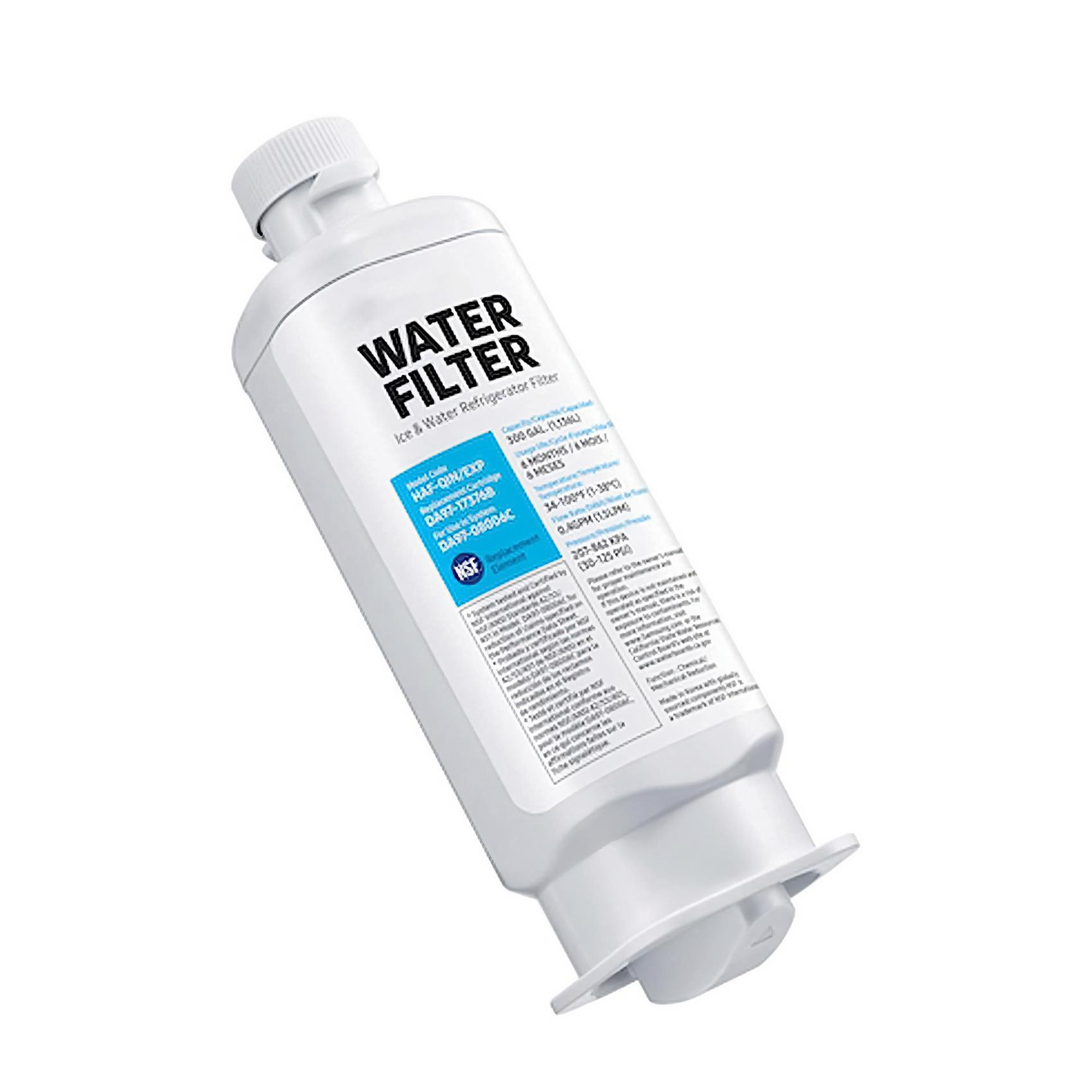 Ein weißer Wasserfilter für Eis- und Wasserkühlschränke mit Text und Spezifikationen.