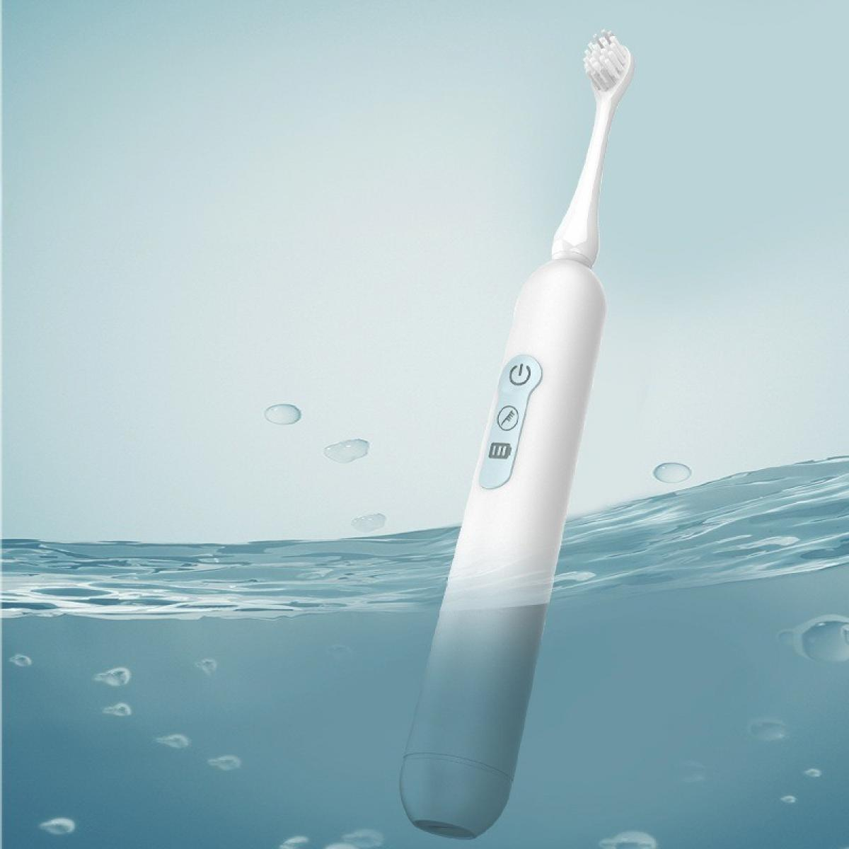 Eine weiße elektrische Zahnbürste, die in Wasser getaucht ist und von Blasen umgeben ist. Es hat Knöpfe und einen Bürstenkopf.