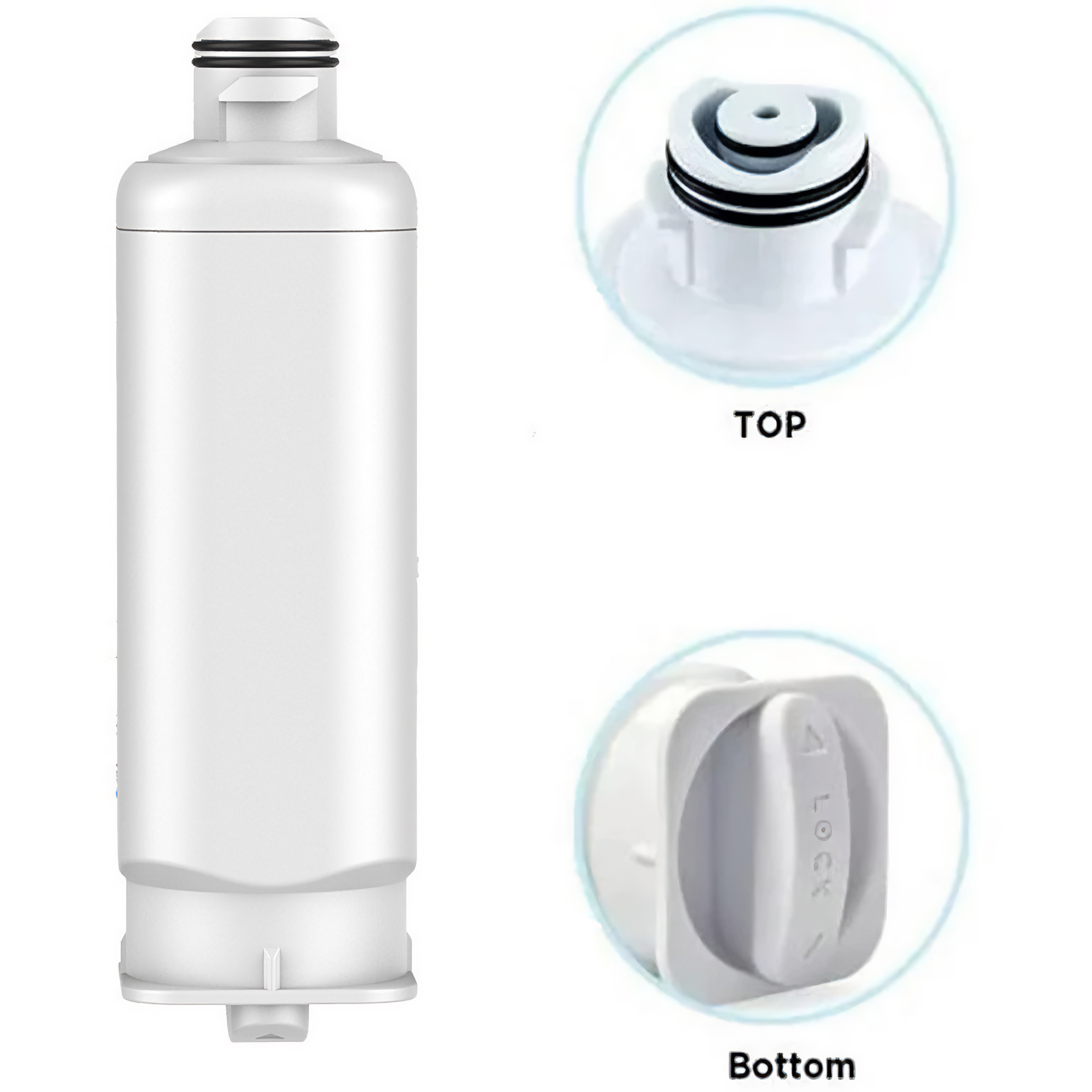 Weißer Wasserfilter mit Detailansichten von oben und unten. Oben ist eine kreisförmige Öffnung zu sehen.