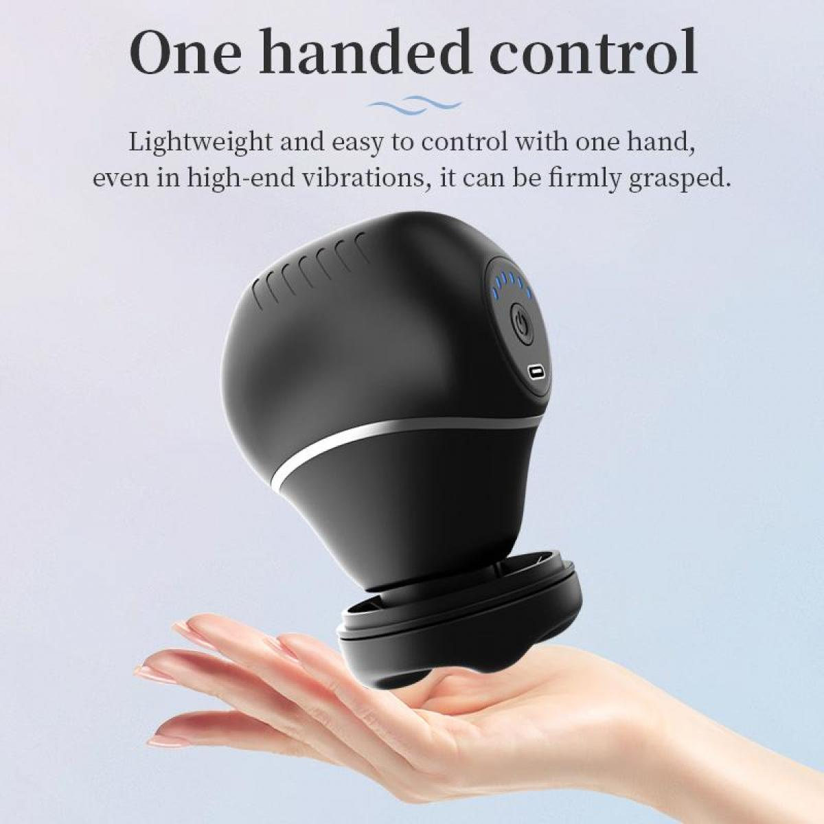 Schwarzes Gerät in einer Hand gehalten. Text sagt 'One handed control'. Der Hintergrund ist ein hellblauer Farbverlauf.