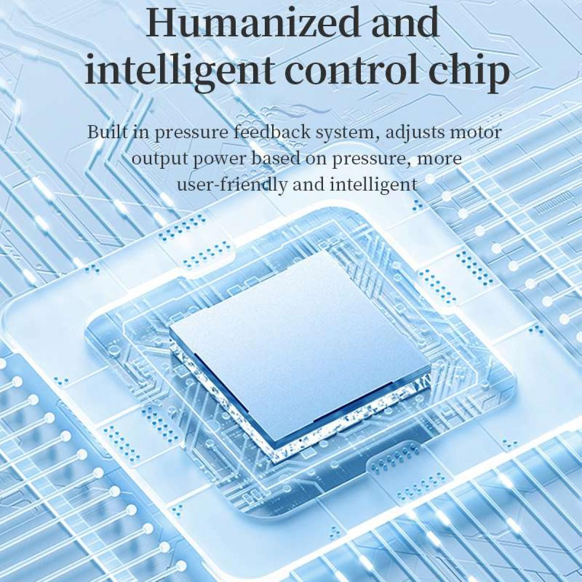 Das Bild zeigt eine blaue Platine mit einem zentralen Chip. Der Text lautet 'Humanisiert und intelligenter Kontrollchip' und beschreibt seine Funktion.