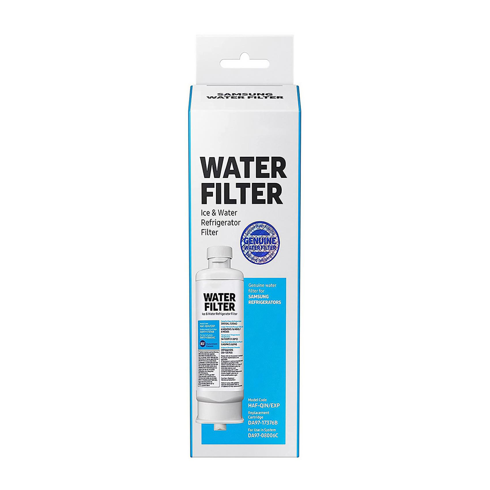 Eine Samsung Wasserfilterbox. Es steht in großen Buchstaben 'WASSERFILTER'. Der Filter selbst ist in der Box abgebildet.