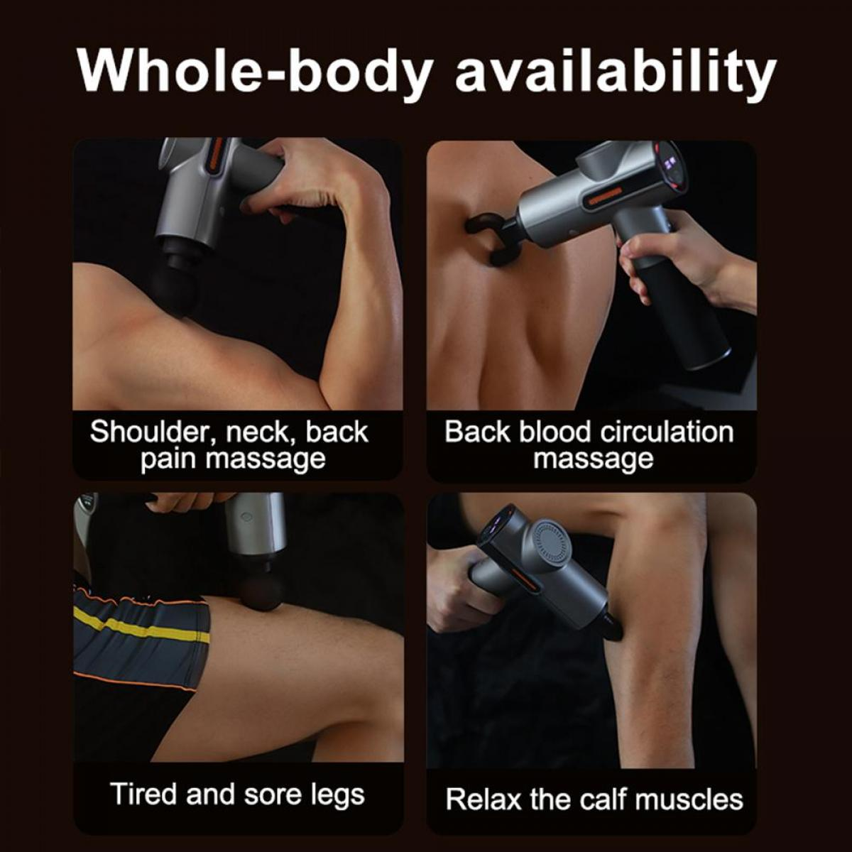 Das Bild zeigt eine Massagepistole, die an verschiedenen Körperteilen verwendet wird: Schulter, Rücken, Beine und Wadenmuskulatur.
