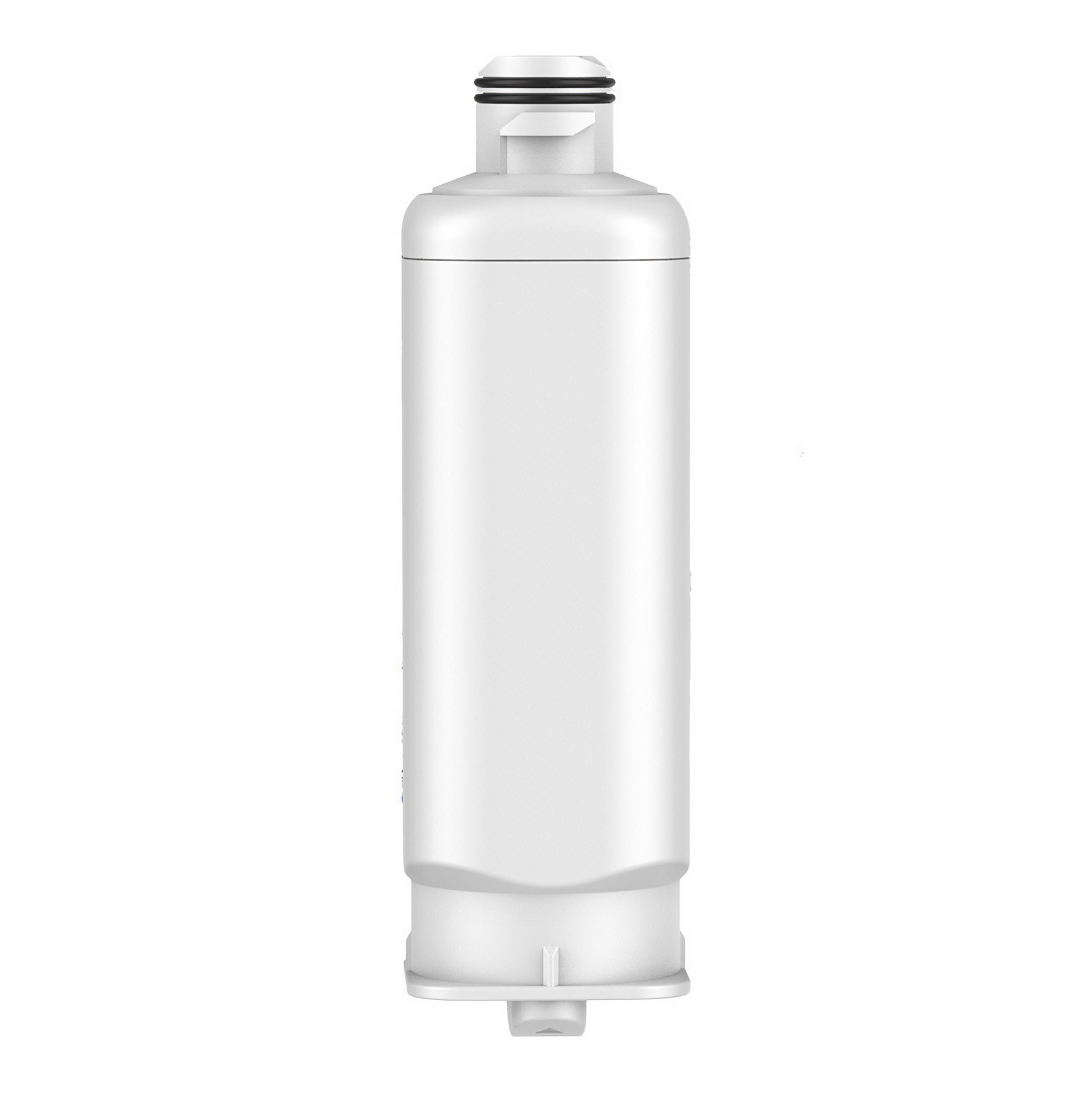 Eine weiße Wasserfilterkartusche, zylindrische Form mit flachem Boden und Deckel. Schwarze Ringe oben. Isoliert auf Weiß.