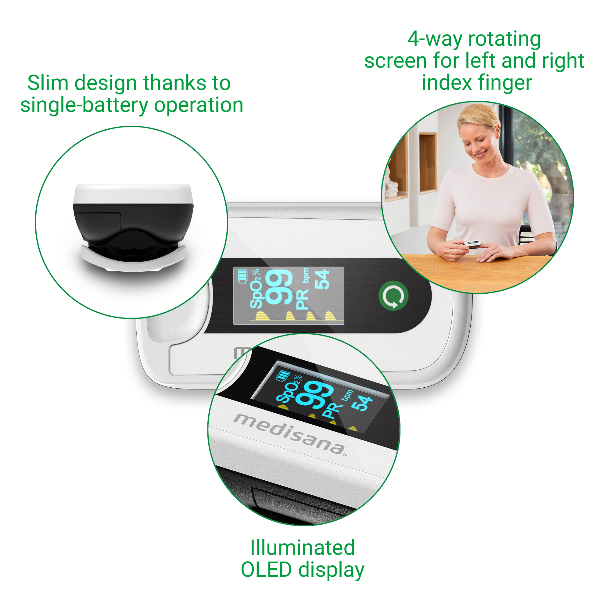 Pulsoksymetr z wyświetlaczem OLED. Kobieta go używa. Tekst: Smukła konstrukcja, obracany ekran 4-kierunkowy.