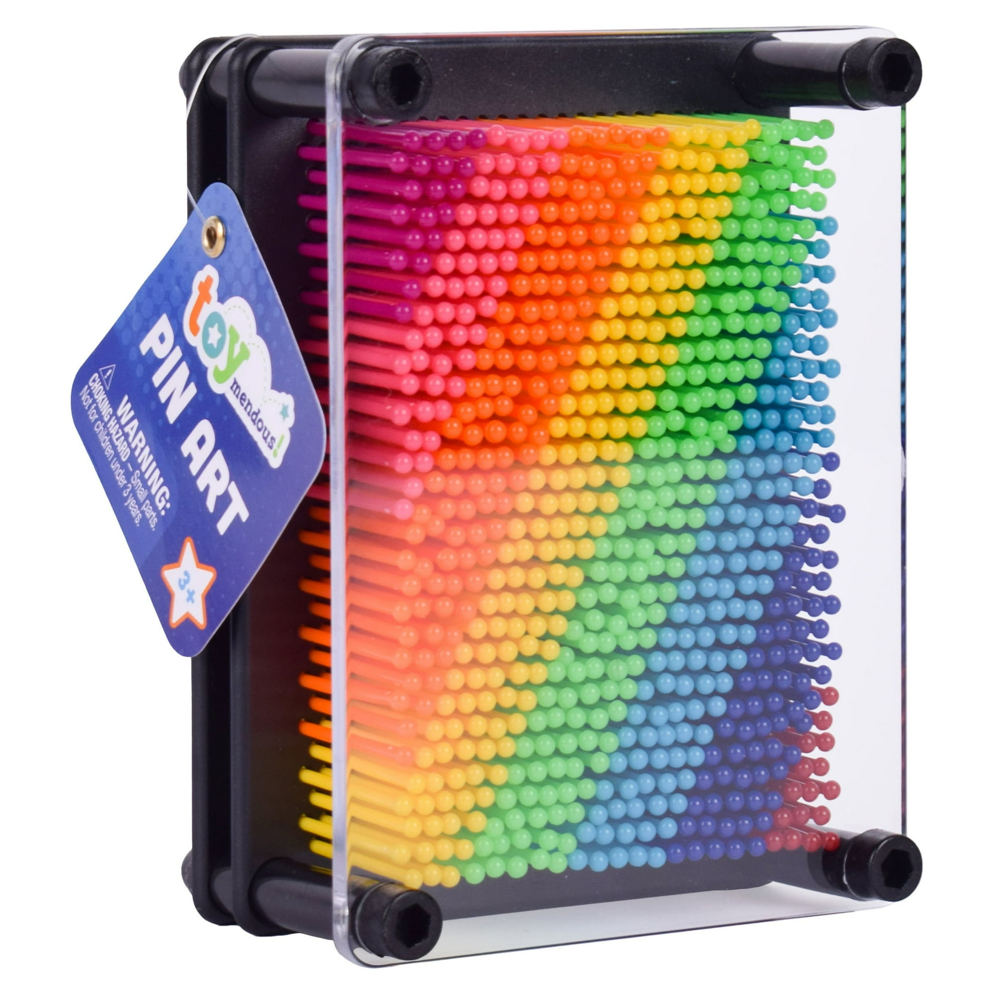 Ein farbenfrohes Pin-Art-Spielzeug mit schwarzem Rahmen. Ein Warnschild befindet sich an der Seite. Die Stifte haben verschiedene Regenbogenfarben.