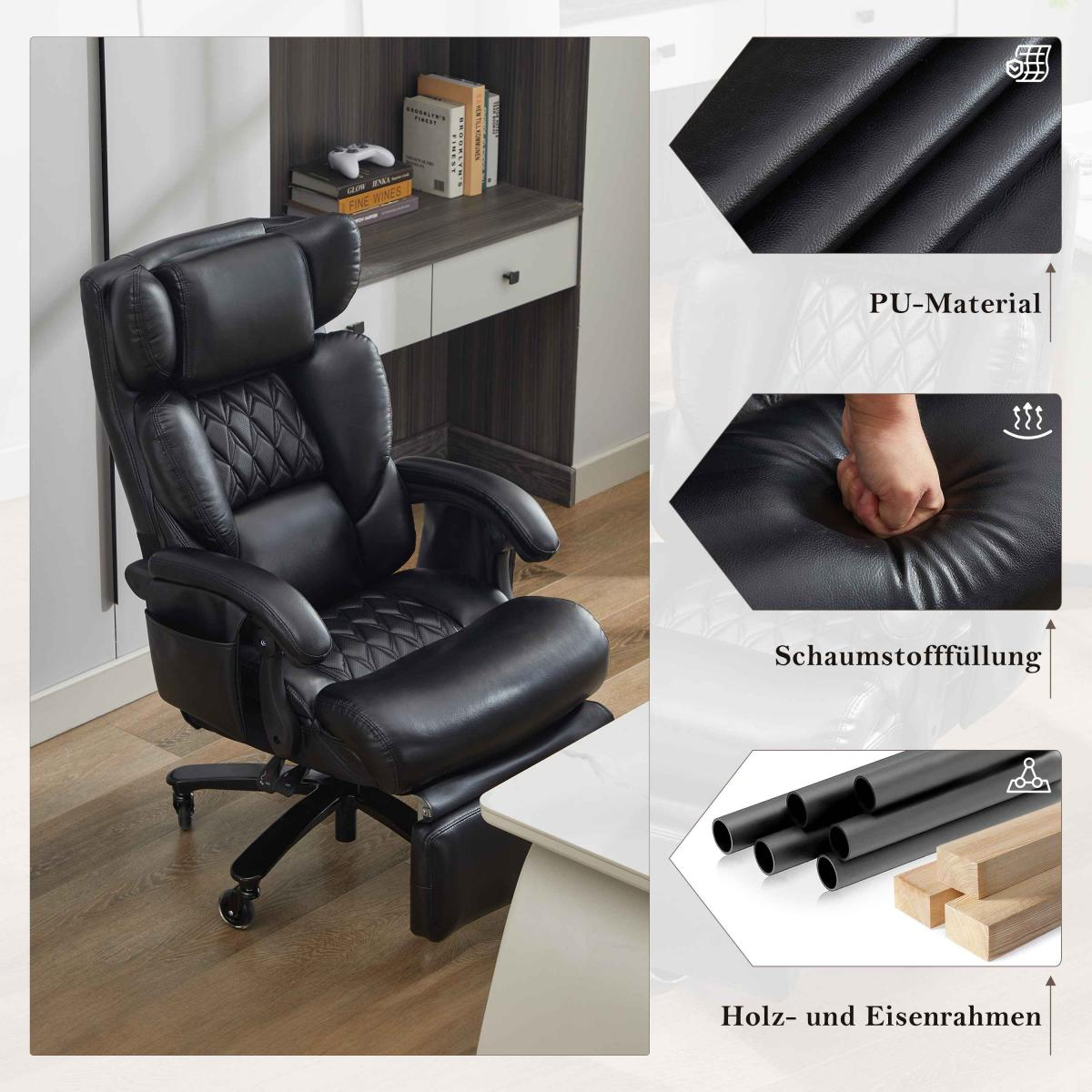 Schwarzer Leder-Bürostuhl mit Fußstütze. Eine Hand drückt in den Sitz. Einsätze zeigen PU-Material, Schaumstofffüllung und Holz/Eisenrahmen.