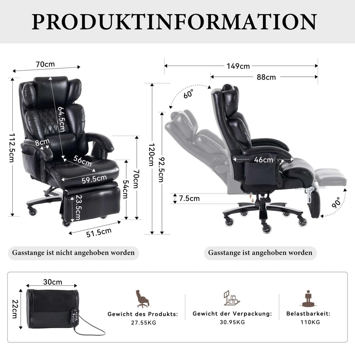 Diagramm eines schwarzen, zurücklehnbaren Bürostuhls mit Abmessungen und Produktinformationen auf Deutsch.