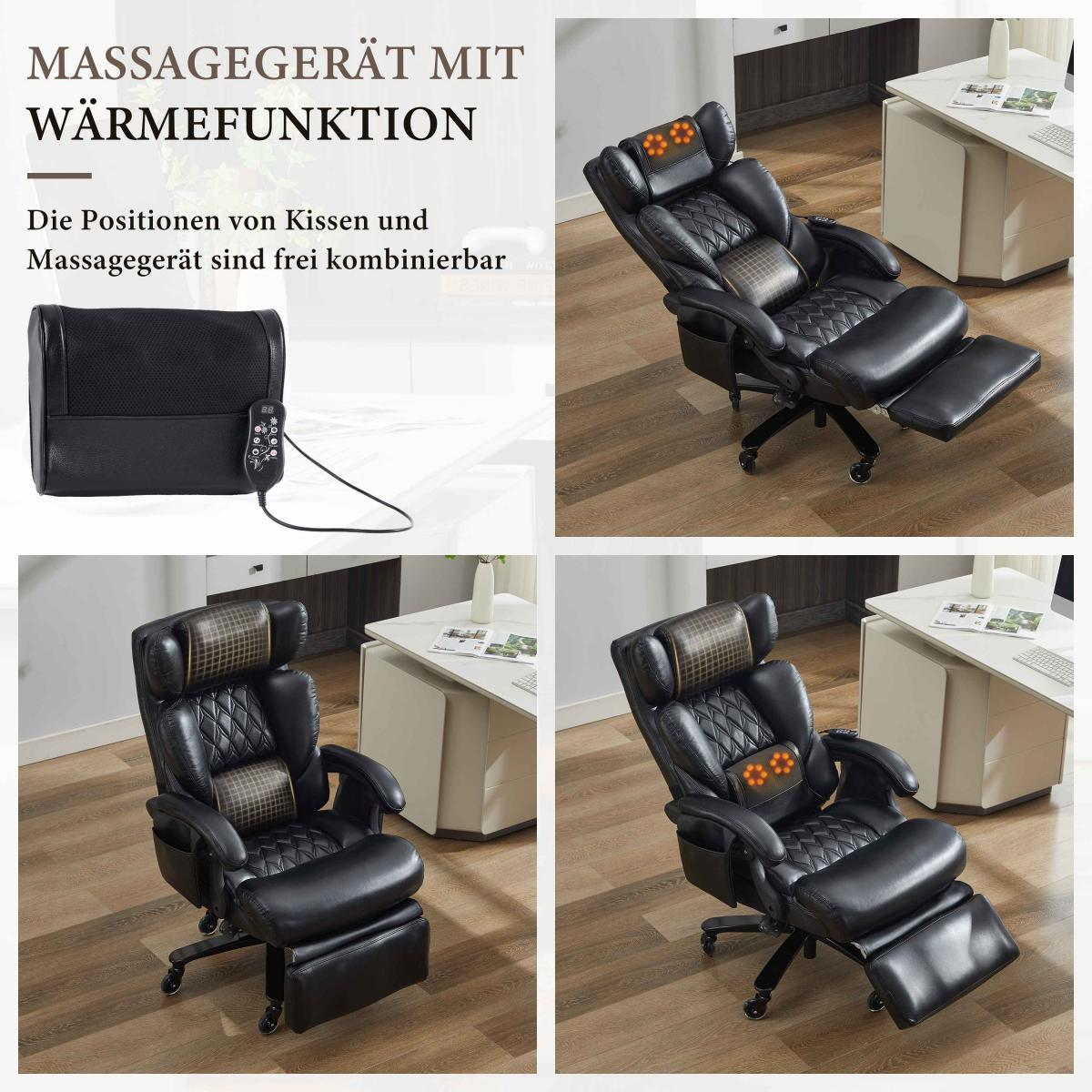 Ein schwarzer Massagestuhl mit Fußstütze. Er hat eine Kopf- und Rückenlehne mit Bedienfeld und steht neben einem weißen Tisch.
