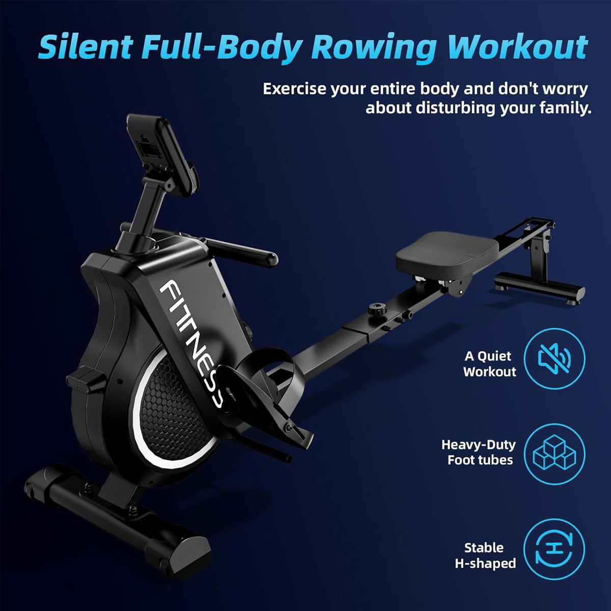 Czarna maszyna do wiosłowania na niebieskim tle. Tekst brzmi Silent Full-Body Rowing Workout. Cechy to cicha, wytrzymała i stabilna.