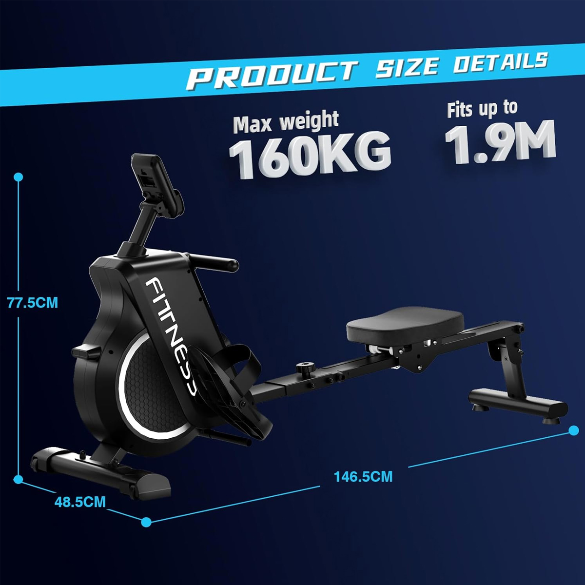 Czarna maszyna do wiosłowania z wymiarami. Maks. waga 160KG, do 1,9M. Wymiary: 77,5CM, 48,5CM i 146,5CM.
