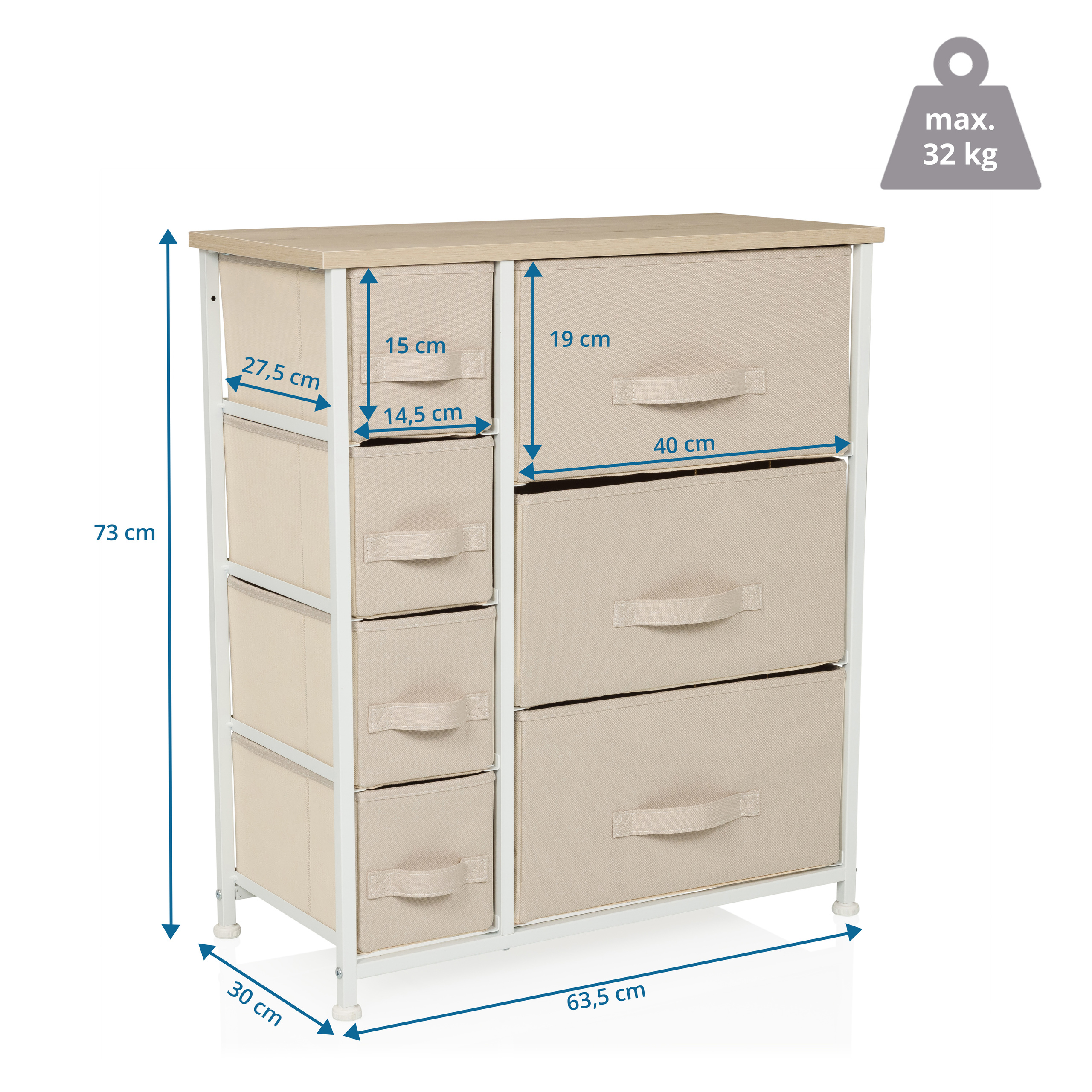 Beige Kommode mit sechs Stoffschubladen, Maße sind angegeben. Max. 32 kg.