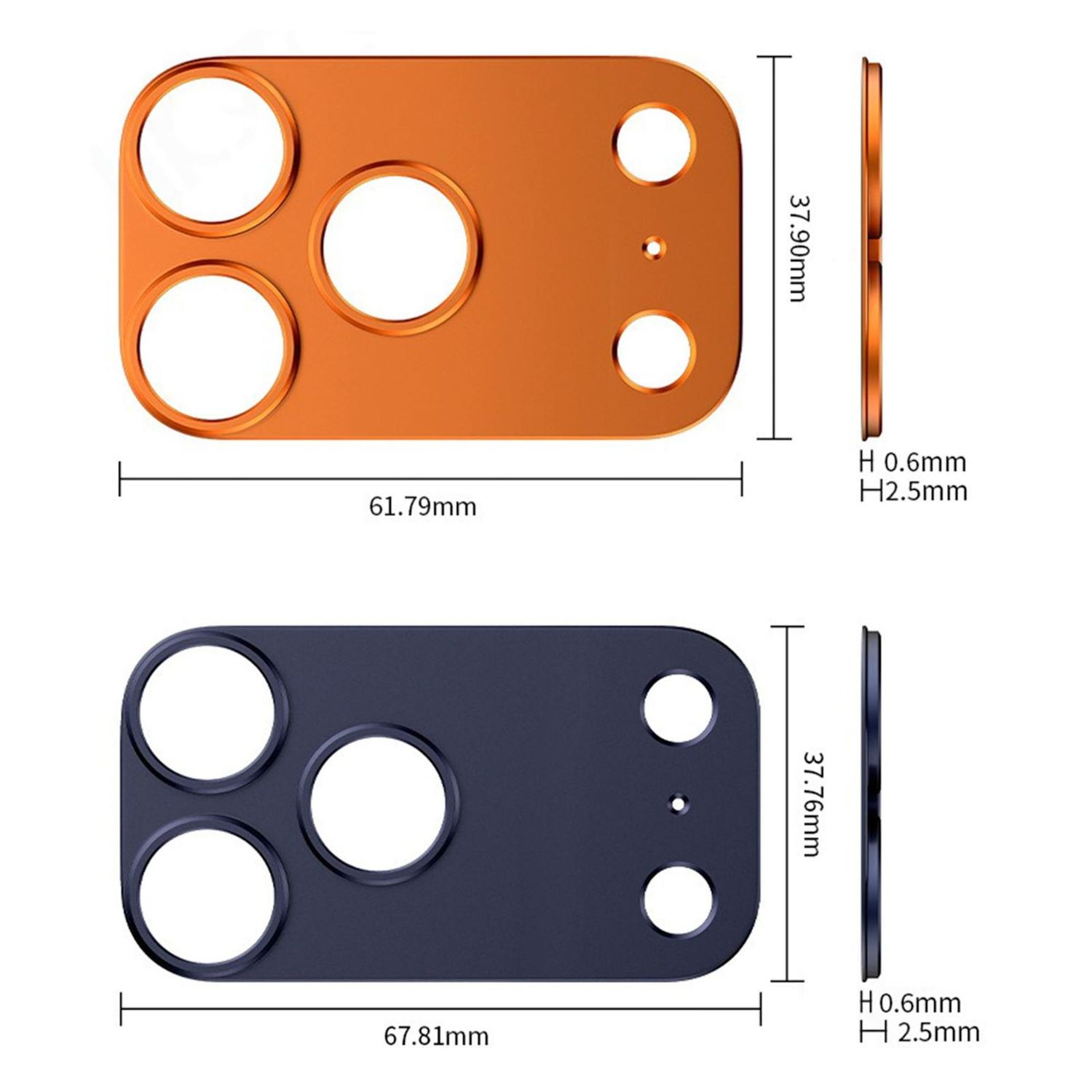 Zwei Handykamera-Schutzvorrichtungen. Eine orange und eine dunkelblaue. Jede hat drei große und einen kleinen Kreisausschnitt. Abmessungen werden angezeigt.