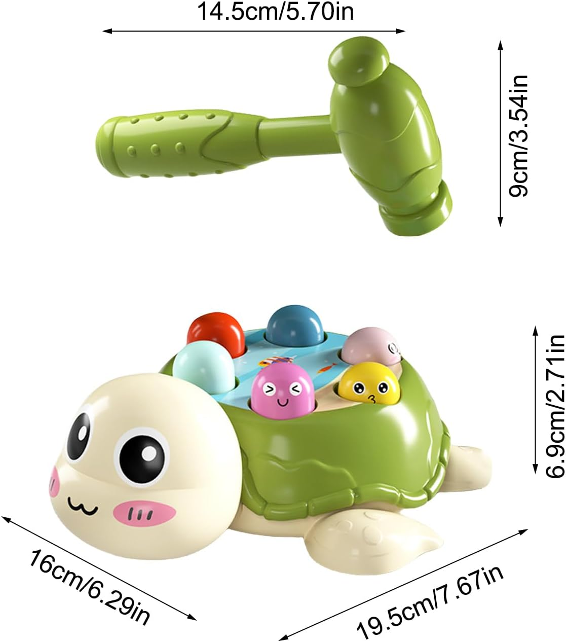 Ein grünes Schildkrötenspielzeug mit bunten Stiften und einem Hammer. Das Spielzeug hat ein lächelndes Gesicht. Abmessungen sind angegeben.