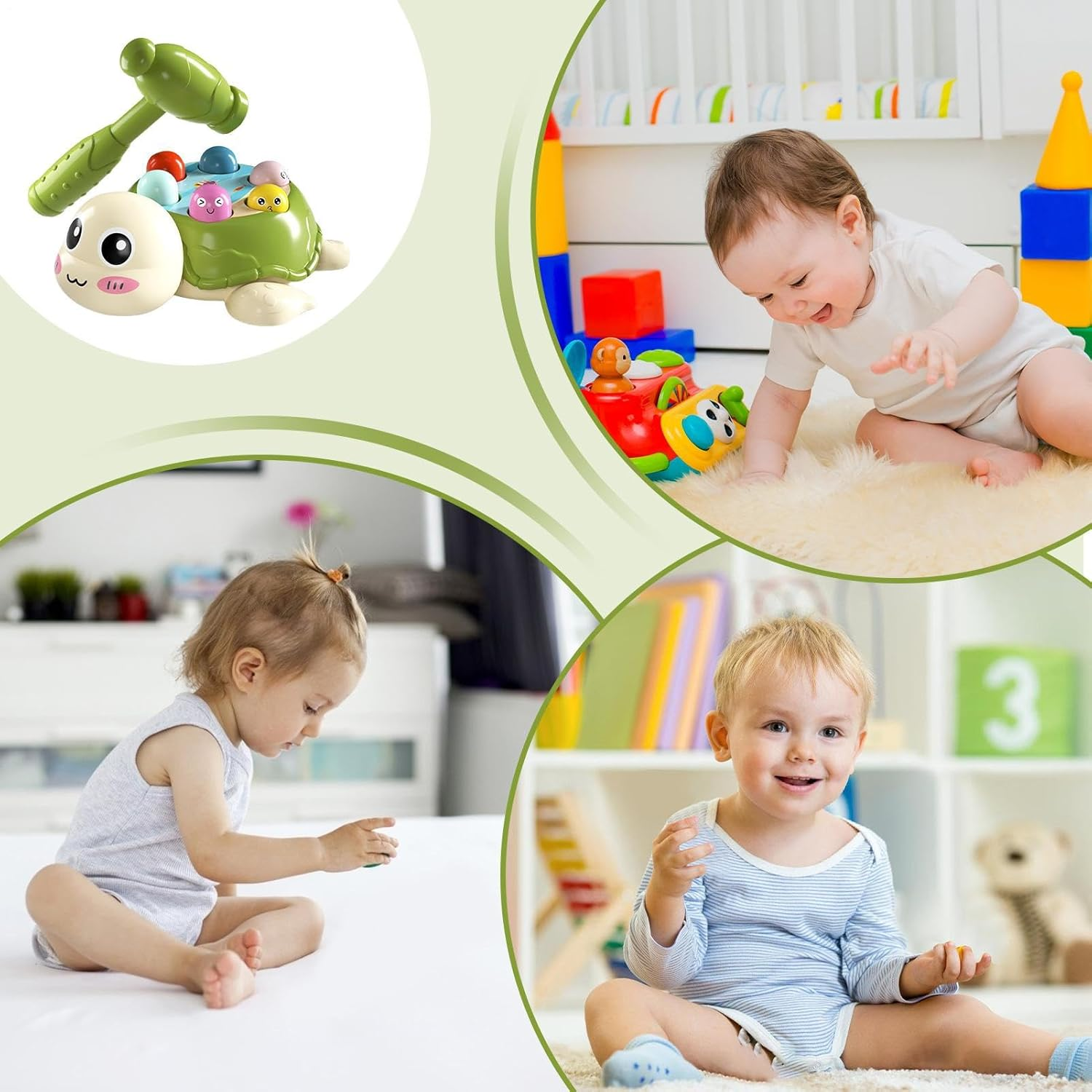 Eine Spielzeugschildkröte mit einem Hammer und drei Babys, die mit Spielzeug spielen. Die Babys befinden sich in verschiedenen Umgebungen.