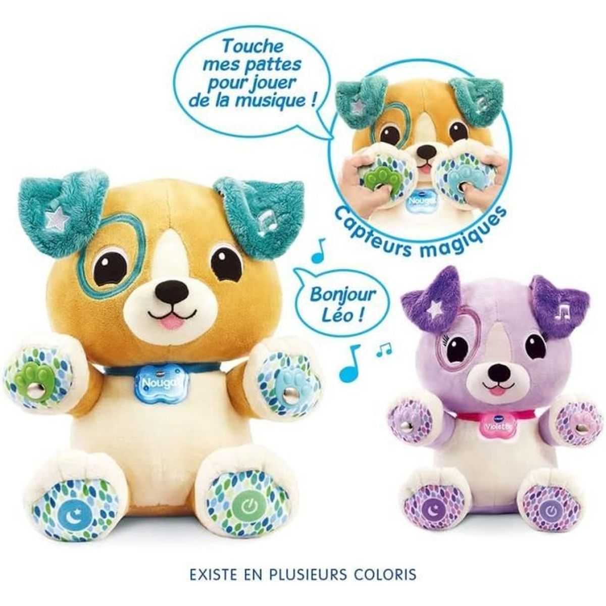 Zwei Plüschhundespielzeuge, eines gelb und eines lila, mit Sprechblasen auf Französisch. Die Spielzeuge haben verschiedene Formen, Farben und Designs.