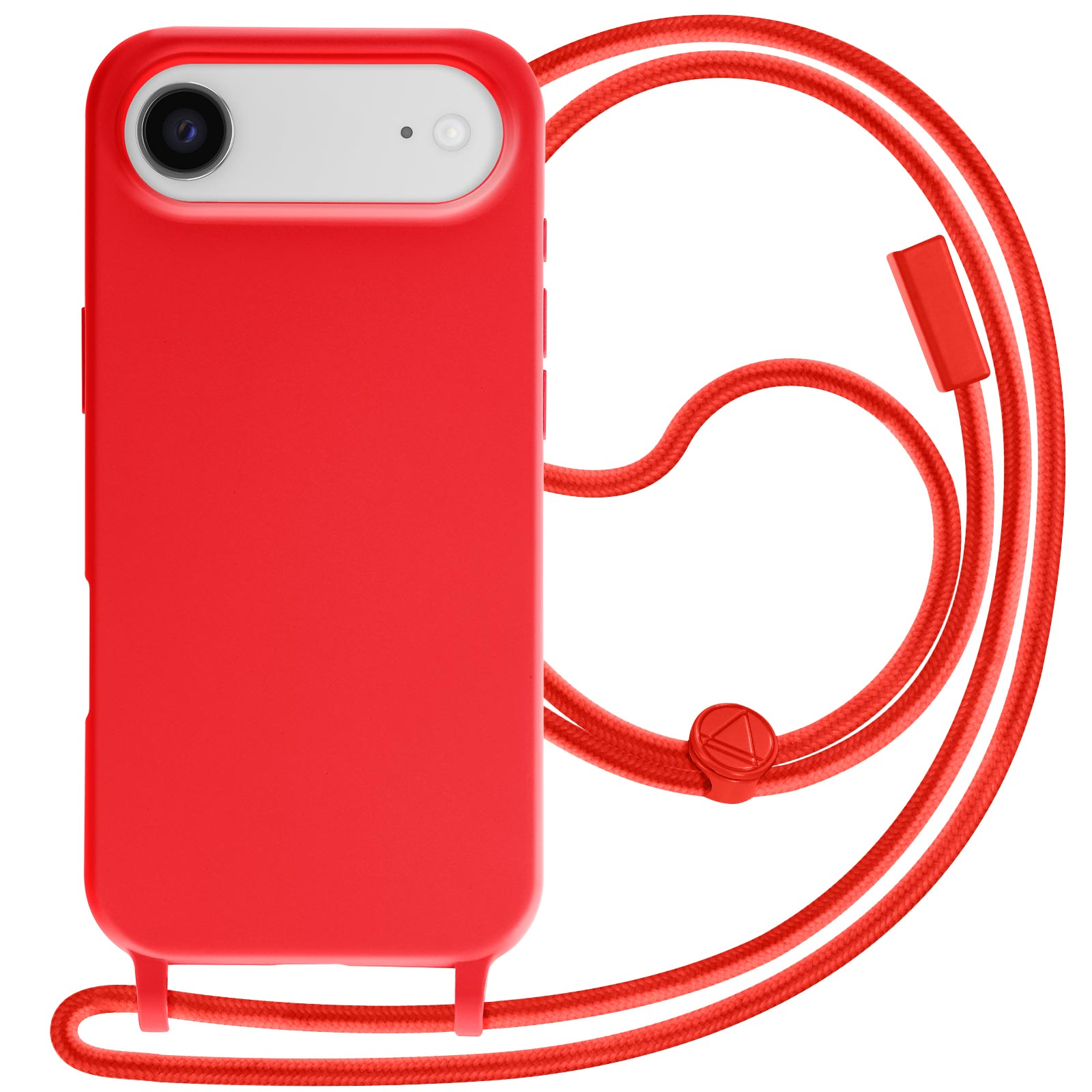 Coque de téléphone rouge avec appareil photo, zone de lentille blanche et cordon rouge. Fond blanc.