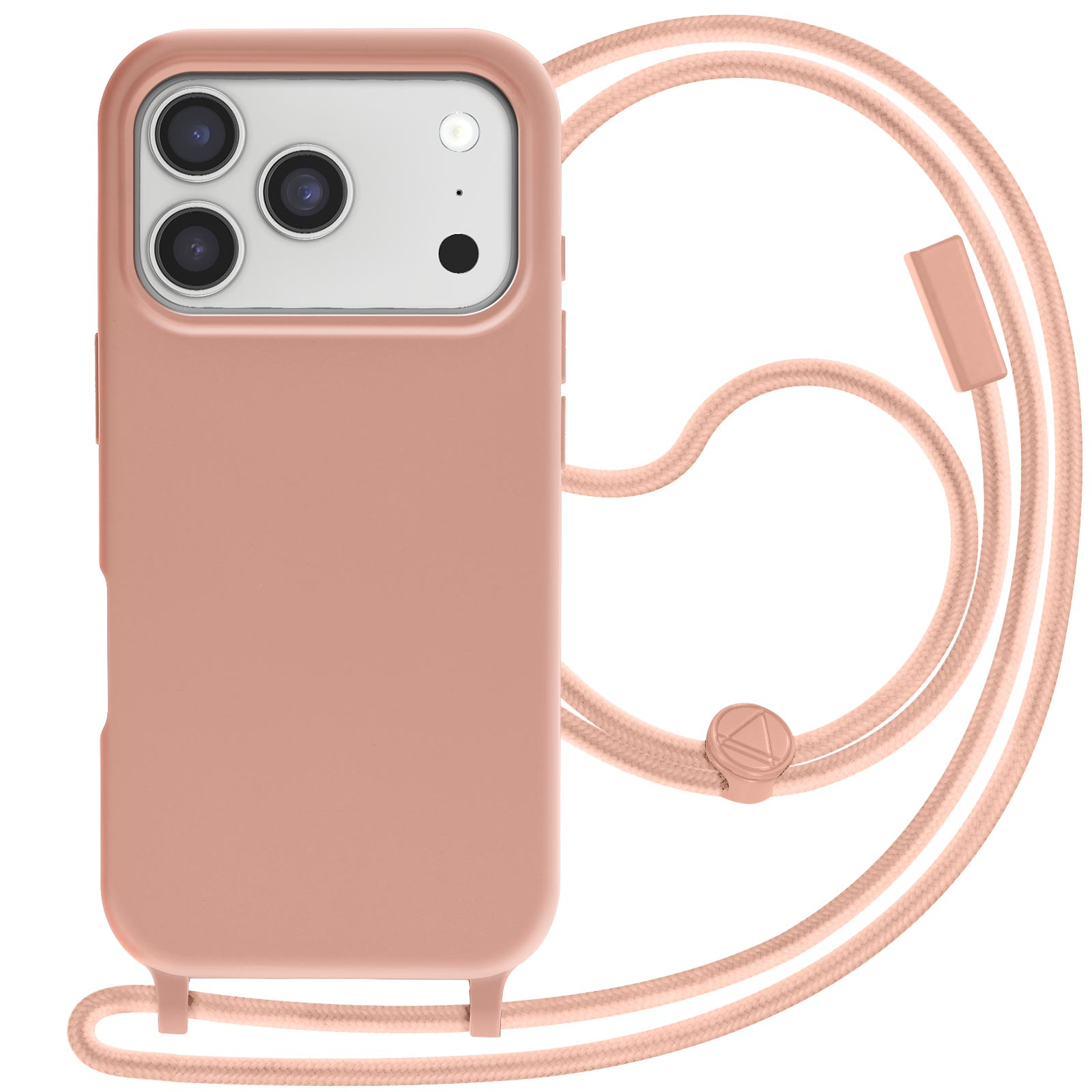 Una funda de teléfono de color rosa con un cordón a juego. El teléfono tiene lentes de cámara. El cordón tiene una pieza ajustable y un dije triangular.