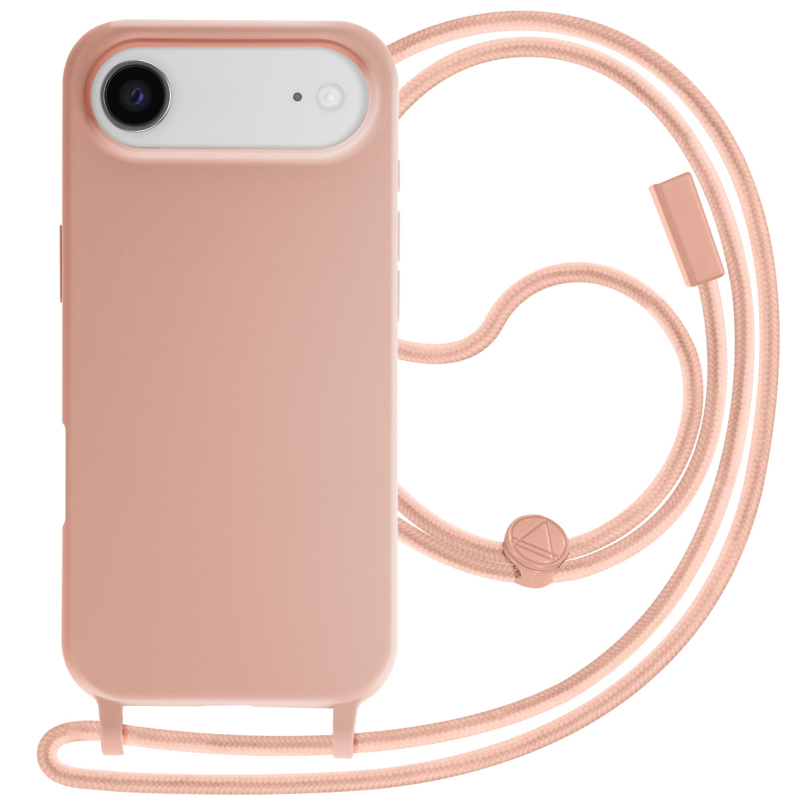 Een telefoonhoesje met een koord. De hoes en het koord zijn perzik van kleur. De camera van de telefoon is zichtbaar.
