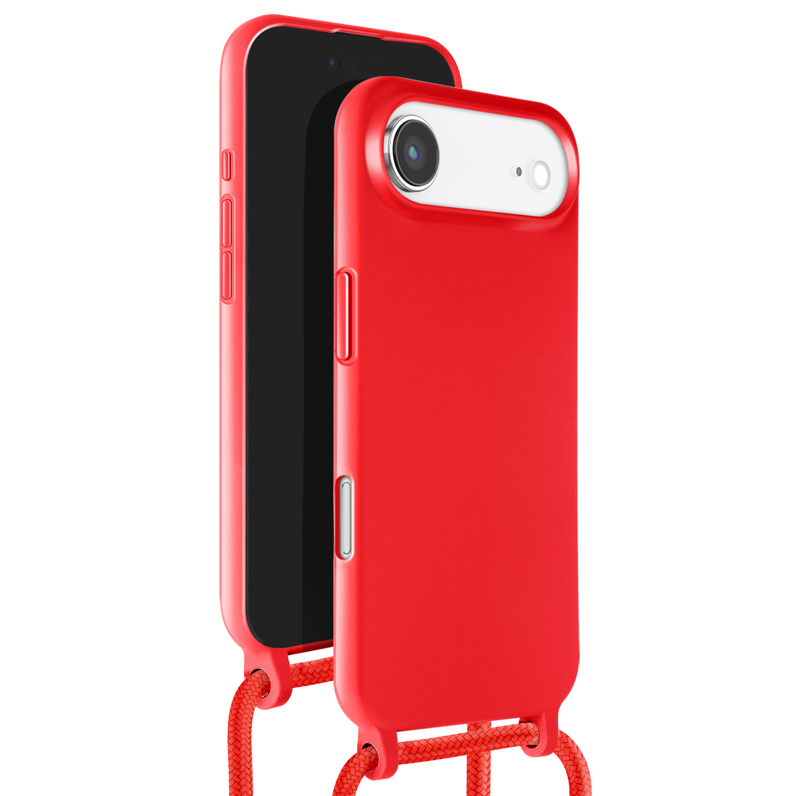 Un étui de téléphone rouge avec un téléphone à l'intérieur. Il a une corde rouge. Le fond est blanc.