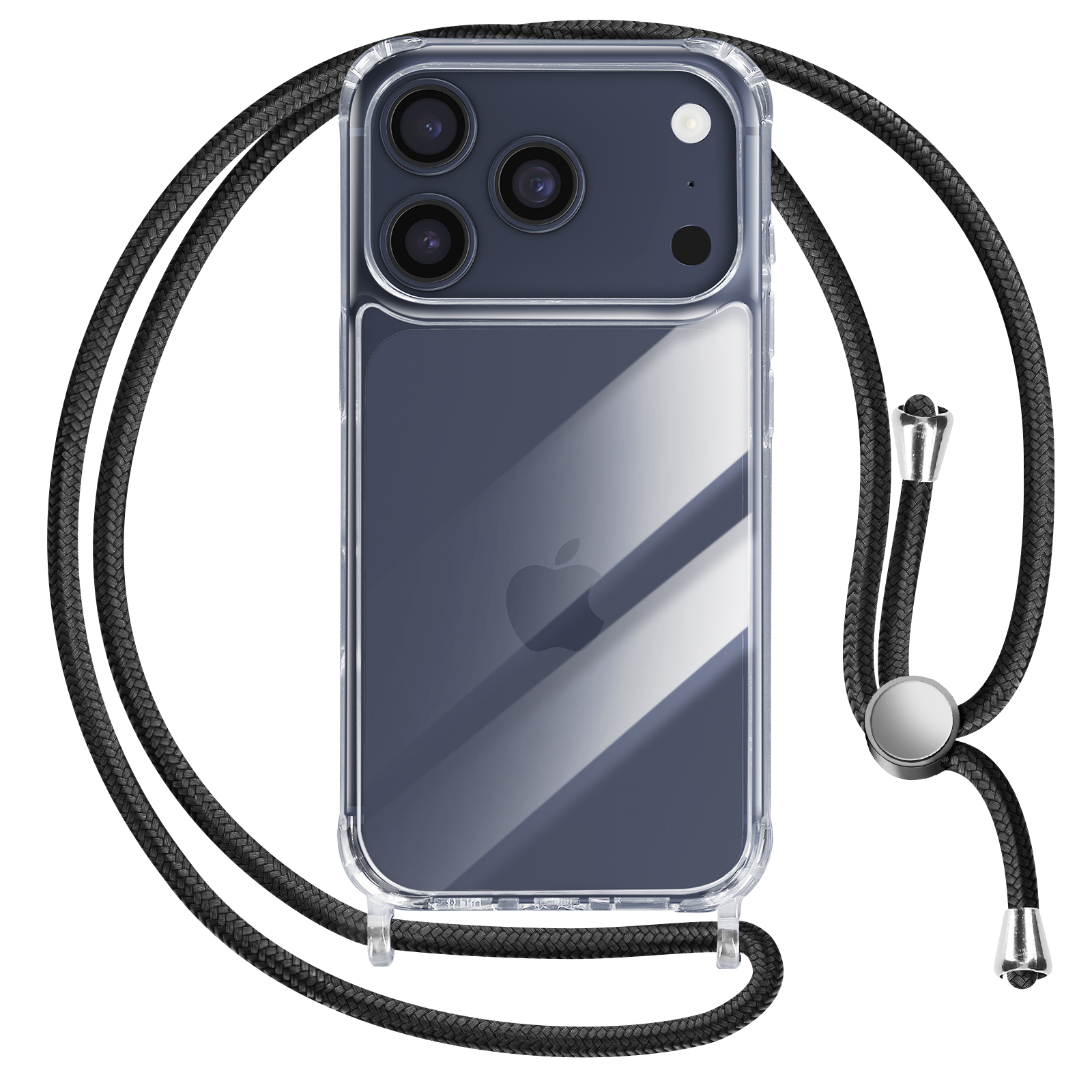 Funda transparente para teléfono con cordón negro. El teléfono tiene varias lentes de cámara y un logotipo de Apple.
