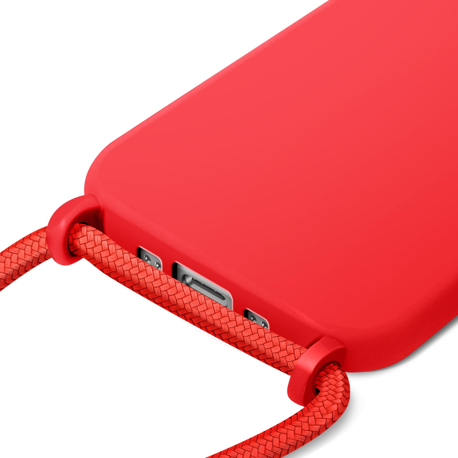 Coque de téléphone rouge avec une sangle rouge tissée. Le boîtier a des ouvertures pour les ports. Fond blanc.