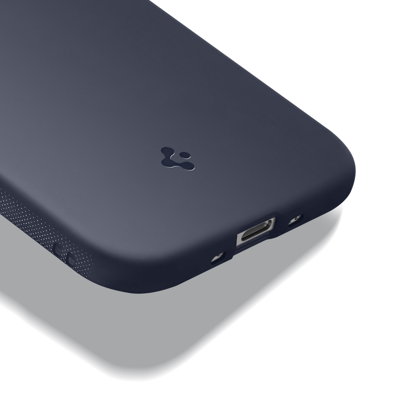 Custodia per telefono blu scuro, vista angolata su sfondo bianco. Mostra porta, pulsanti e logo. Proietta un'ombra.