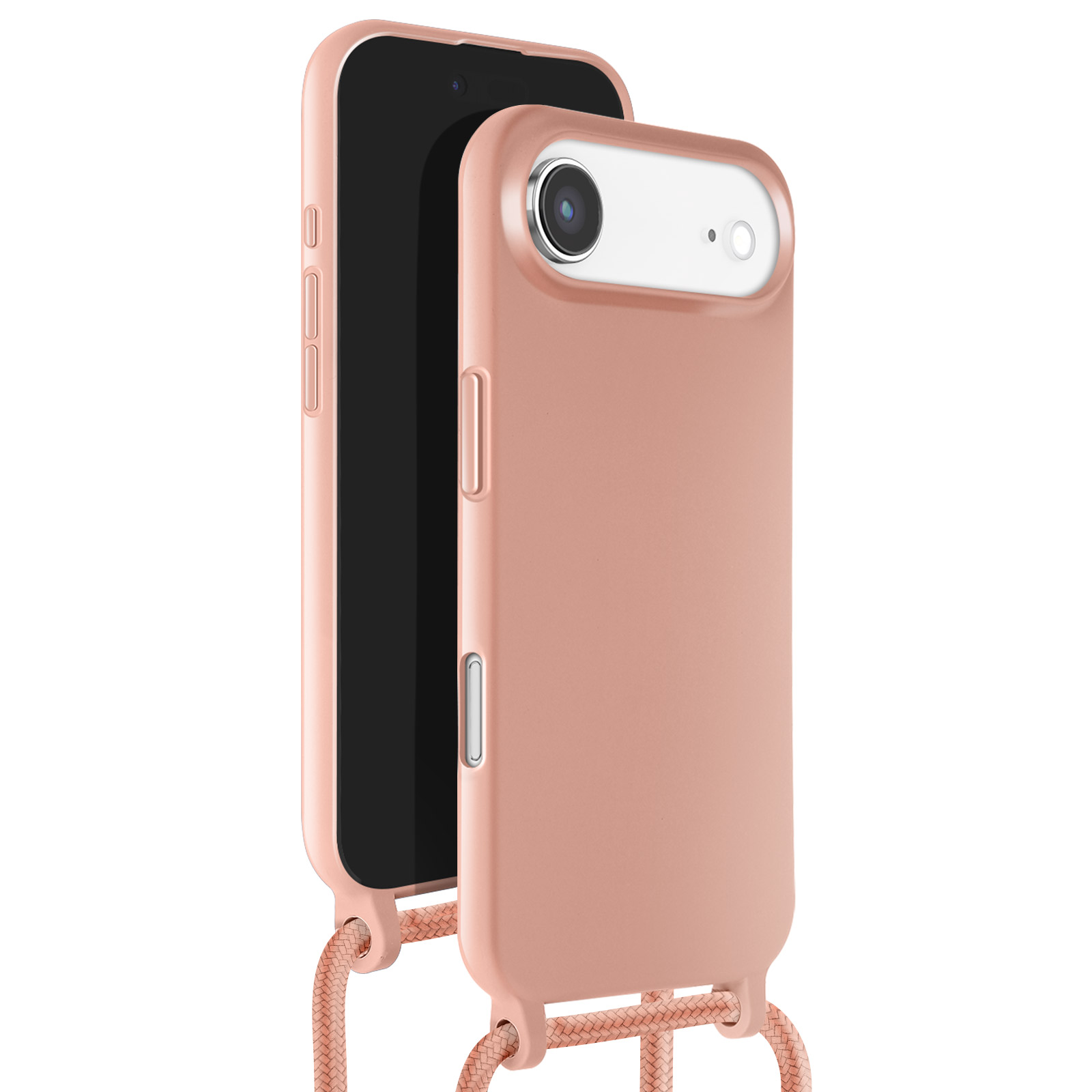 Een roségouden telefoonhoesje met een zwarte telefoon erin. Een geweven band is aan de onderkant bevestigd.