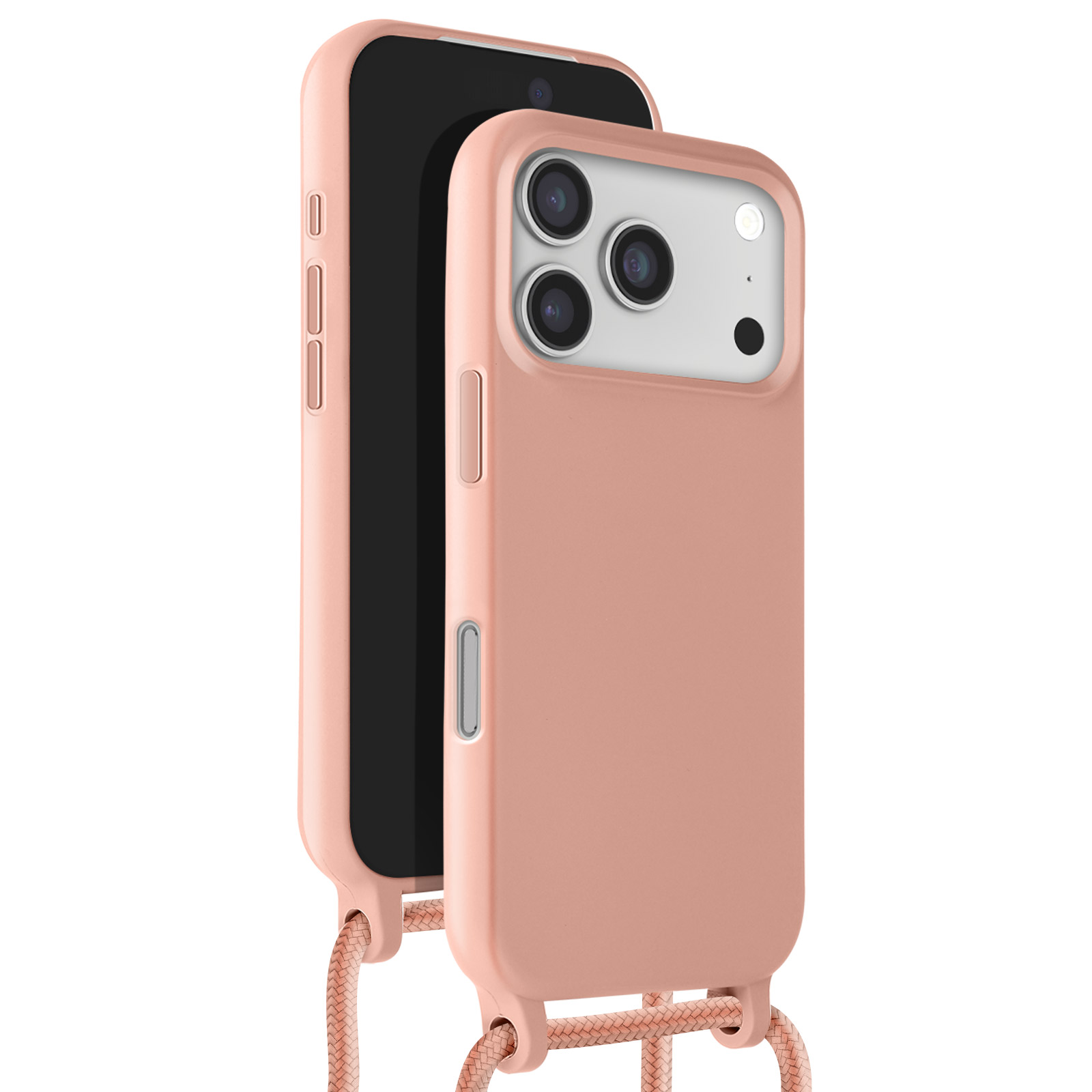 Una funda de teléfono color rosa con un teléfono negro dentro. Tiene un cordón y varias cámaras.