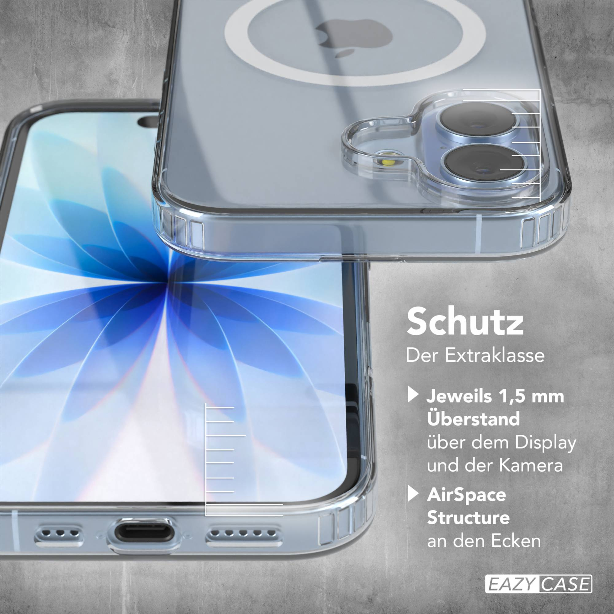 Transparente Handyhülle auf einem Telefon, die den Kamerabereich zeigt. Schutzfunktionen werden beworben.