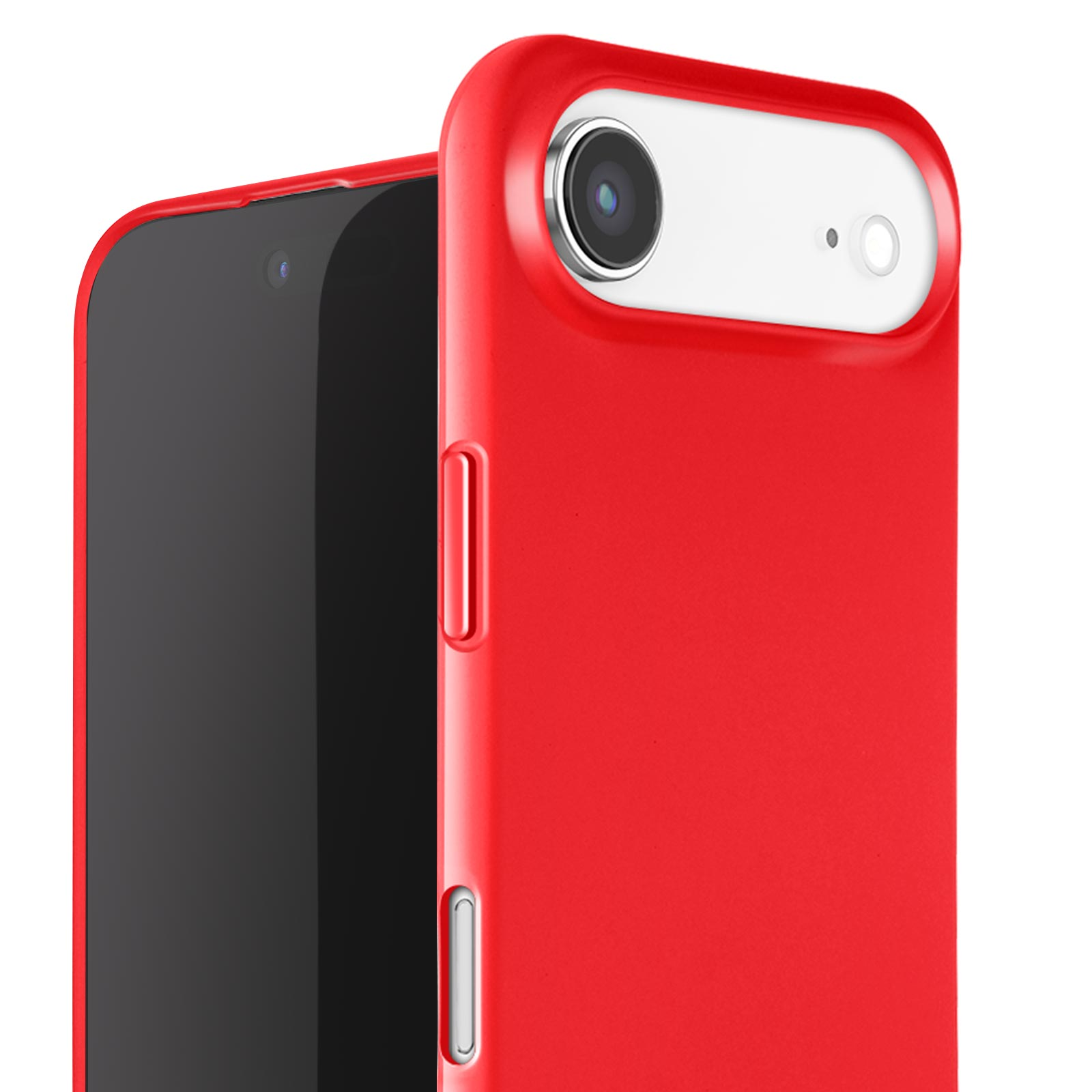 Un étui de téléphone rouge avec un écran noir est présenté, l'objectif de l'appareil photo est blanc et argenté. L'étui a des boutons sur le côté.