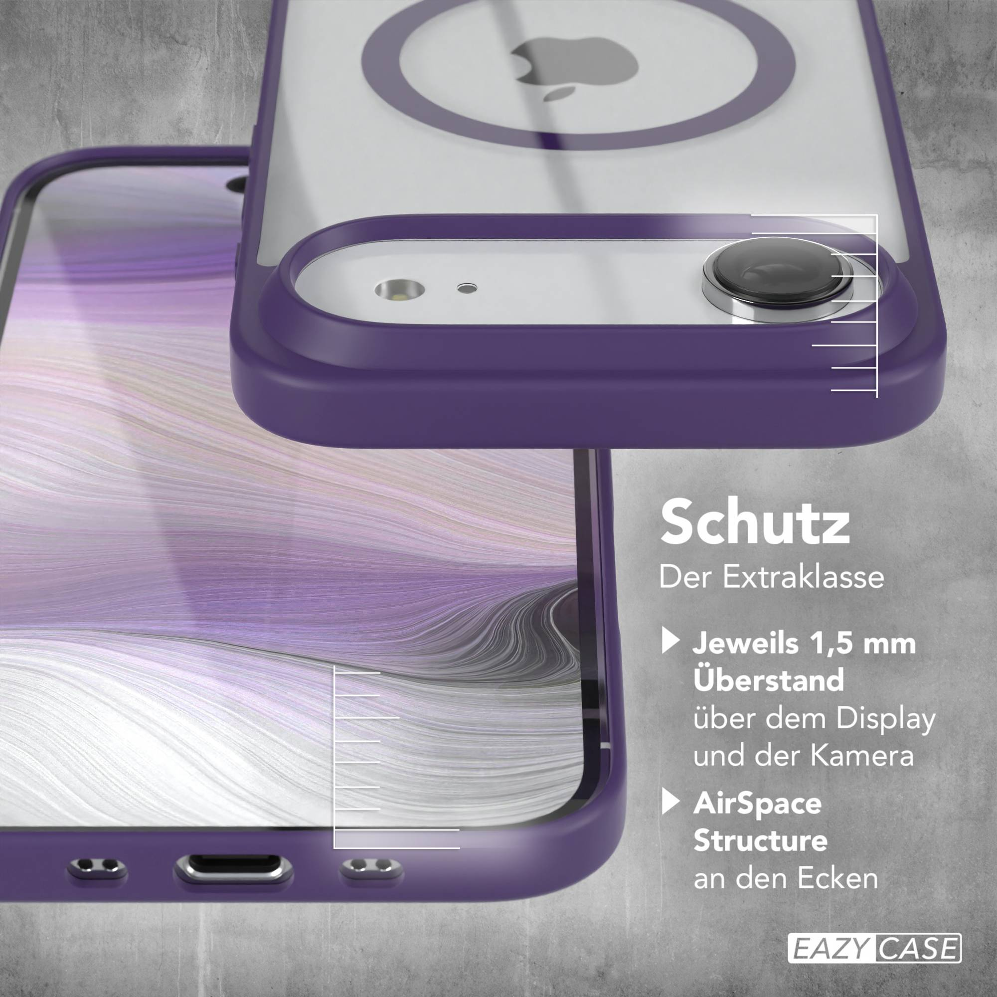 Lila Handyhülle mit Apple-Logo. Die Hülle zeigt den Bildschirm und die Kamera des Telefons. Text hebt Funktionen hervor.