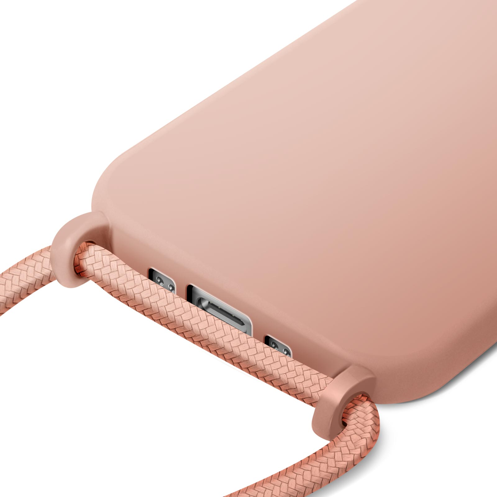 Een close-up van een roze telefoonhoesje met een gevlochten touwriem. De hoes heeft openingen voor poorten en de riem is bevestigd.