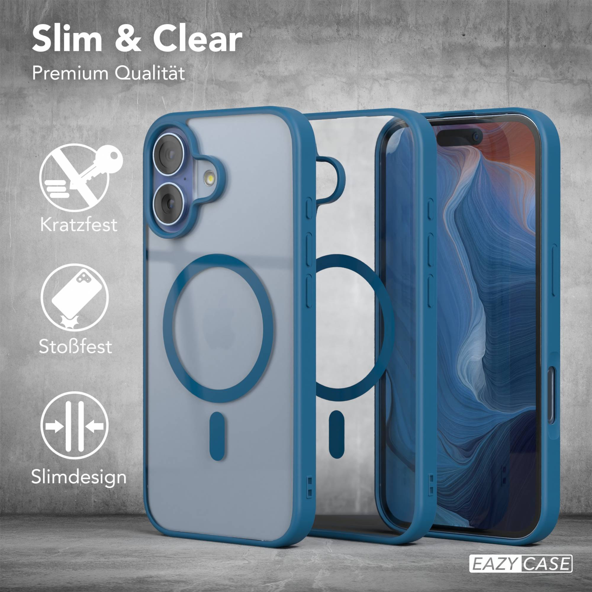 Drei Handyhüllen: blauer Rahmen, durchsichtiger Rücken und ein Telefon im Inneren. Text: Slim & Clear, Premium Qualität, Kratzfest.