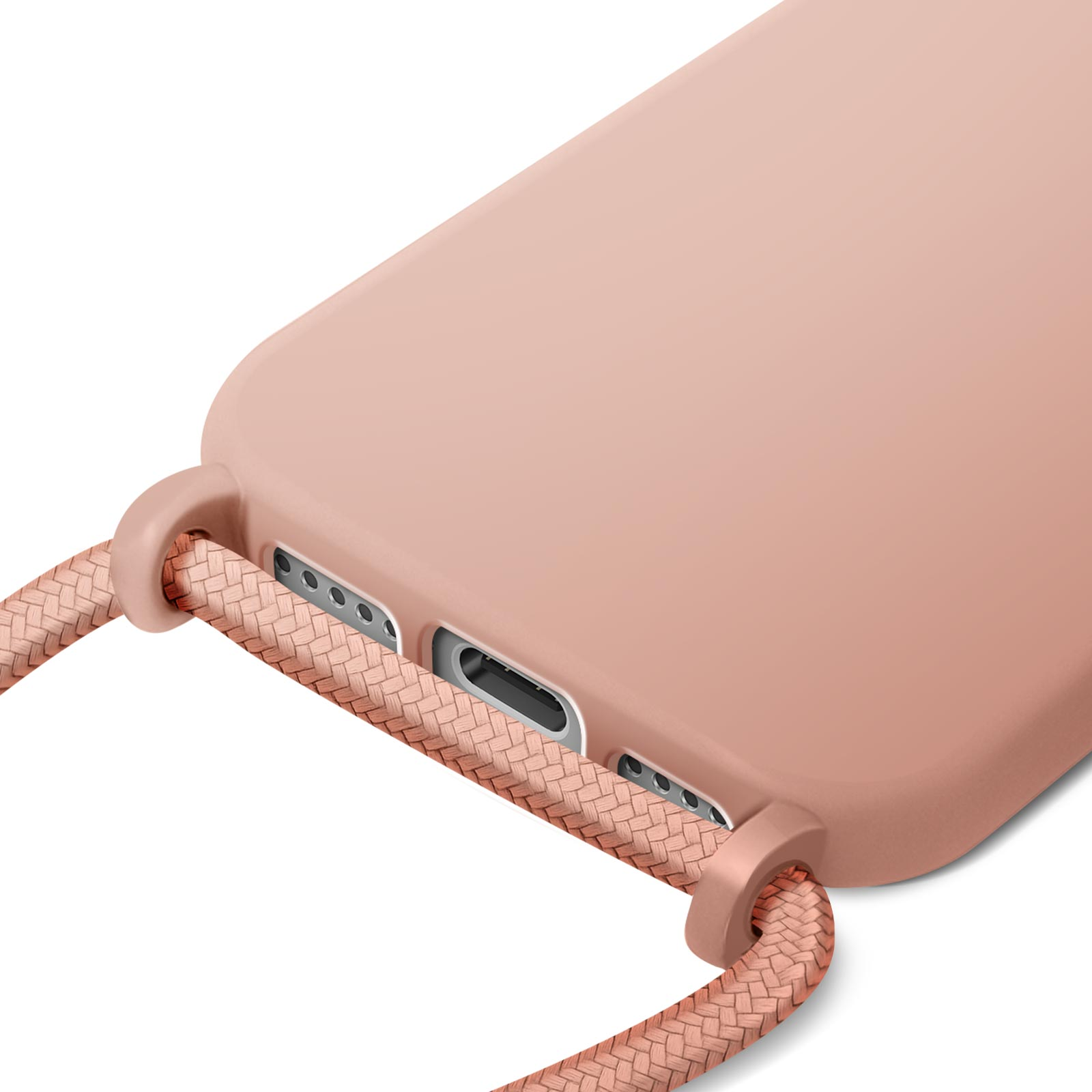 Primer plano de una funda rosa para teléfono con una cuerda trenzada. La funda tiene aberturas y la cuerda está sujeta.