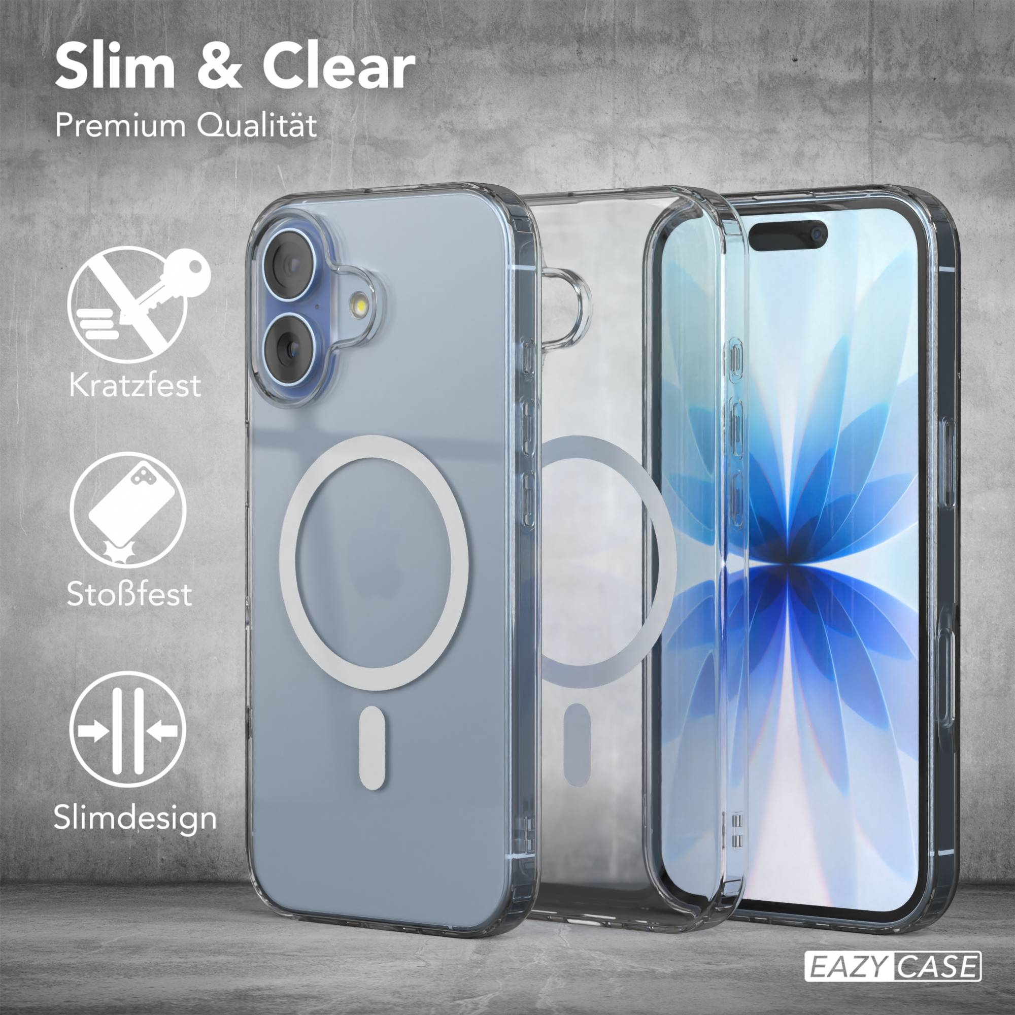 Drei transparente Handyhüllen, eine mit Telefon, auf grauer Oberfläche. Text: Slim & Clear, Premium Qualität, Kratzfest, Stoßfest.