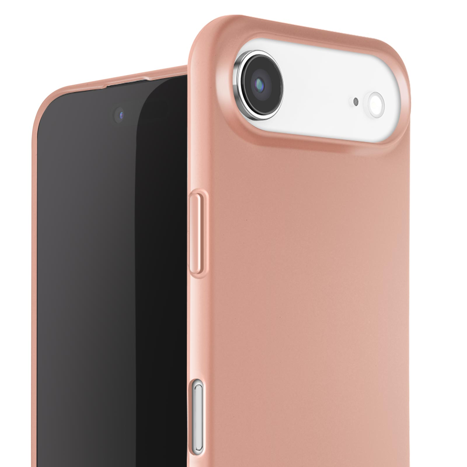 Close-up van een roségouden telefoon met zwart scherm en cameradetail. De telefoon zit in een bijpassend hoesje.