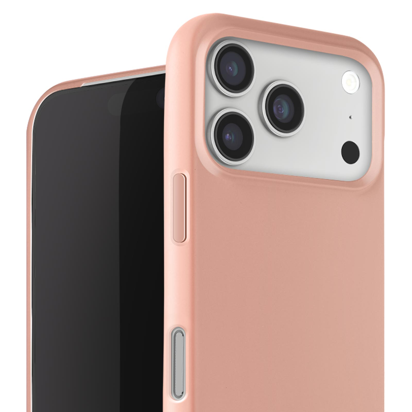 Primer plano de una funda rosa para teléfono con un teléfono dentro. La funda tiene recortes de cámara.