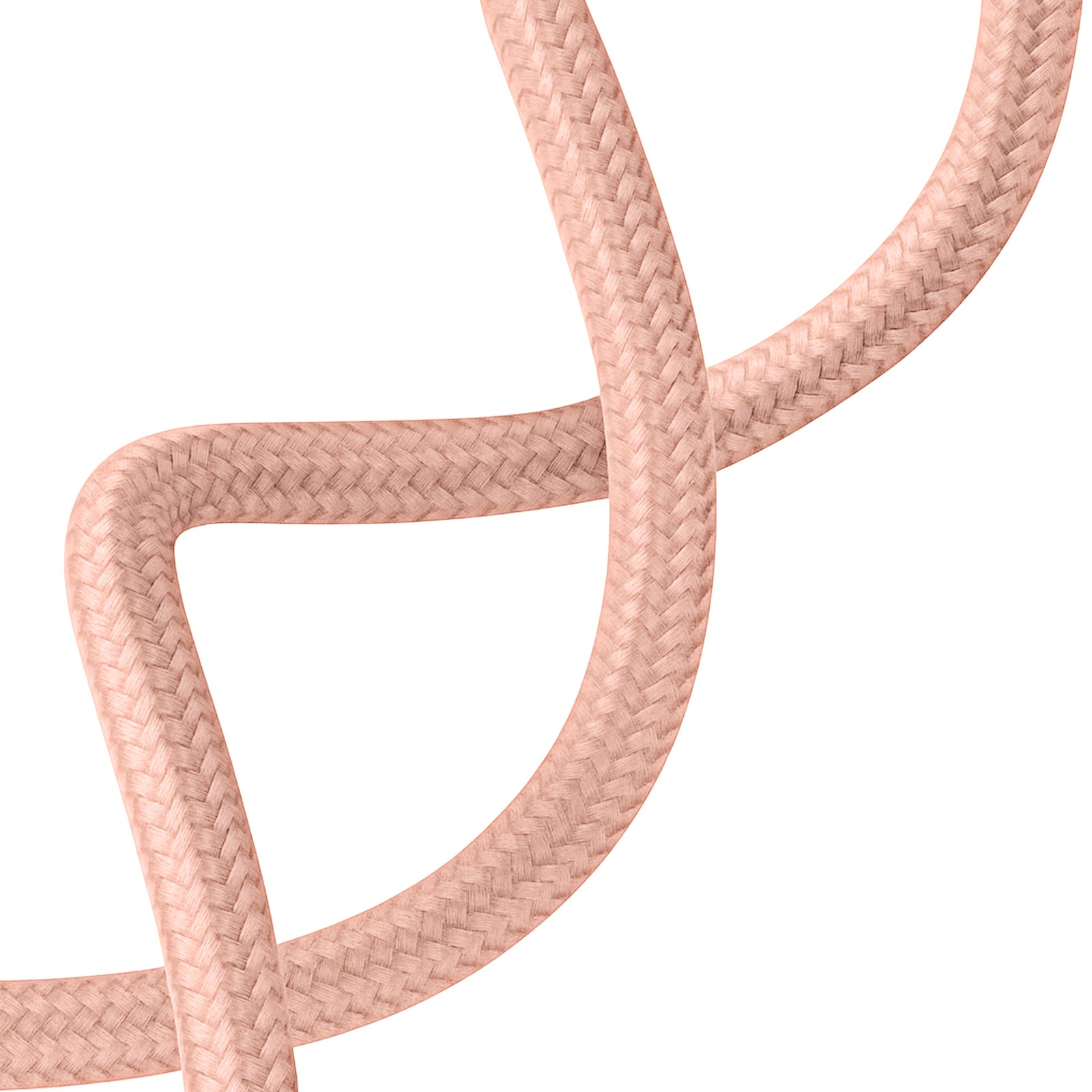 Primer plano de dos cordones trenzados de color melocotón entrelazados sobre un fondo blanco.