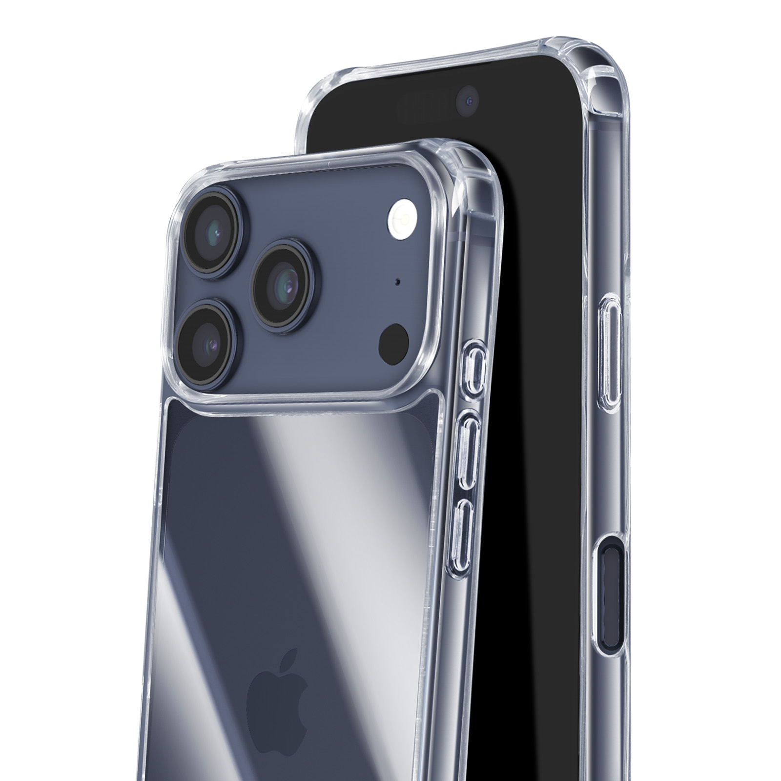 Dos smartphones con fundas transparentes. La parte trasera de uno muestra tres lentes. Fondo blanco.