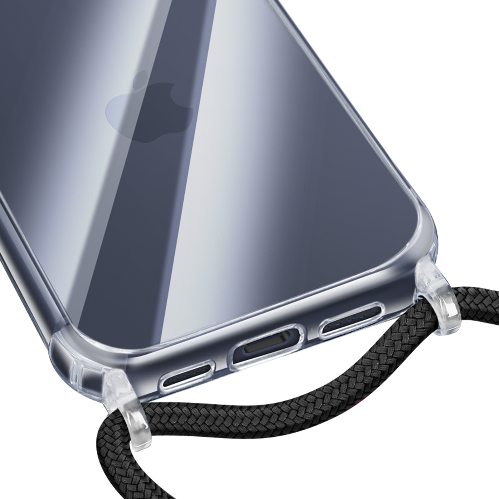 Funda transparente para teléfono con cordón trenzado negro. El teléfono tiene el logo de Apple y es parcialmente visible.