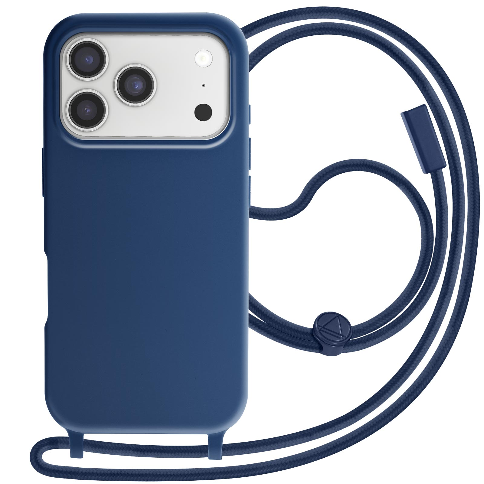 Funda de teléfono azul con cordón. La funda tiene tres cámaras, un flash y un punto oscuro. El cordón es azul oscuro.