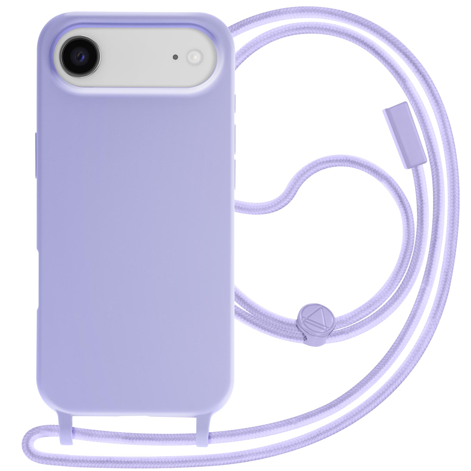 Una custodia per telefono color lavanda con un cordino abbinato. La custodia ha un ritaglio per la fotocamera. Il cordino ha un ciondolo triangolare.