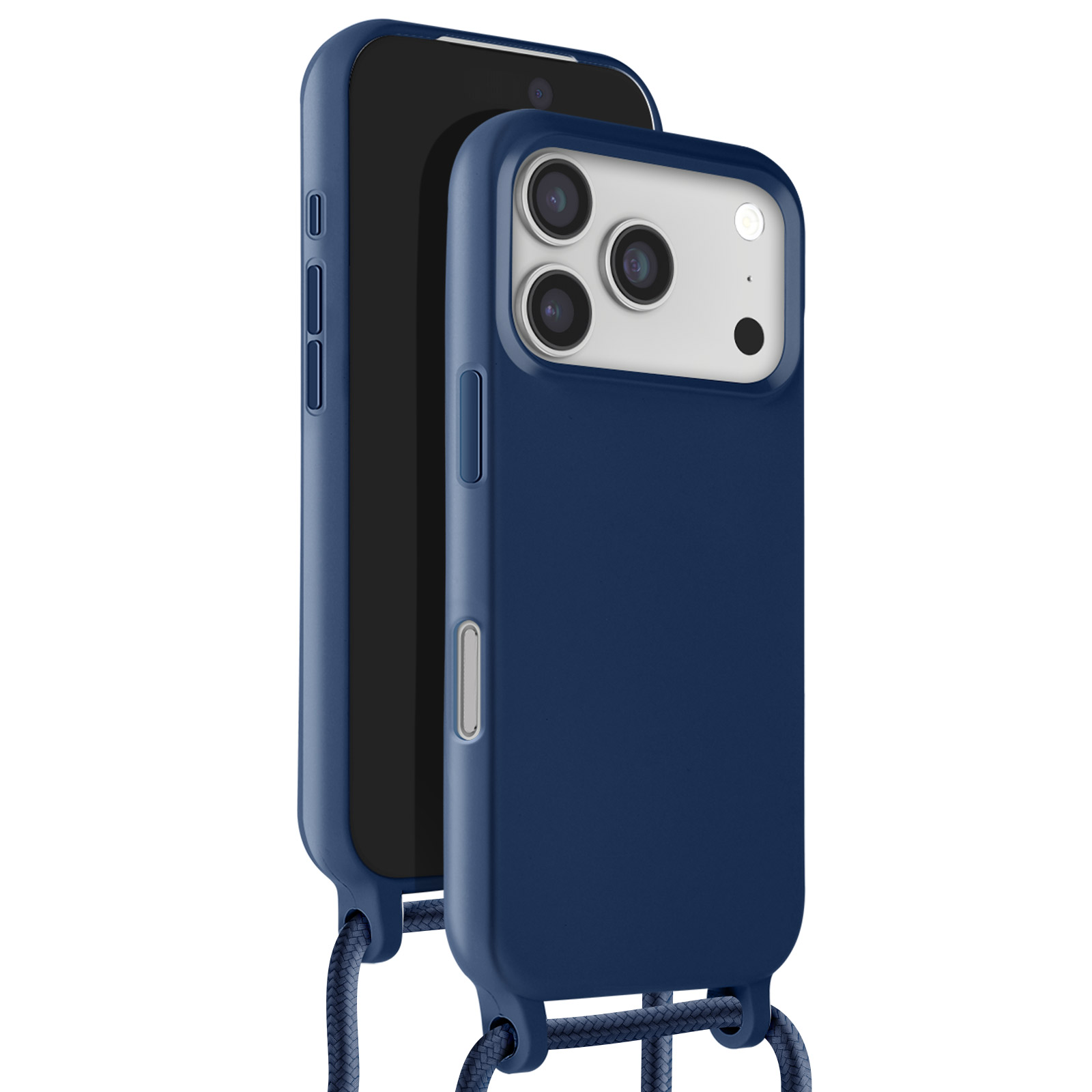 Funda azul con teléfono dentro. Tiene cordón. La funda tiene tres lentes de cámara.
