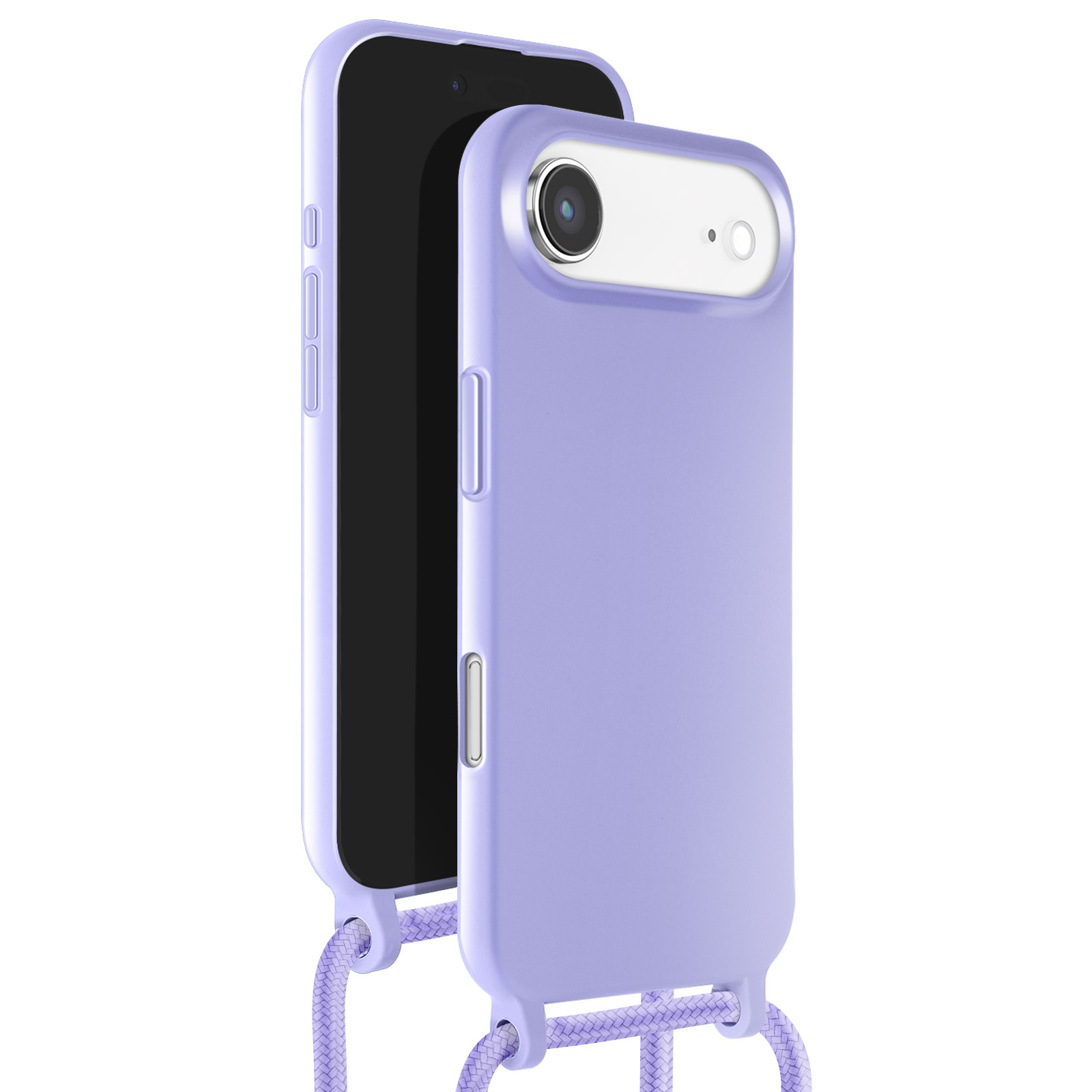Un telefono in una custodia lavanda con un cordino abbinato. Il telefono ha lo schermo nero.