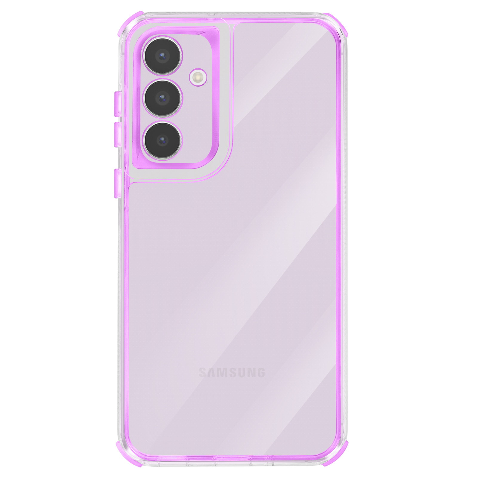 Custodia trasparente per telefono con cornice viola. La custodia ha un ritaglio per la fotocamera e il logo Samsung è visibile.