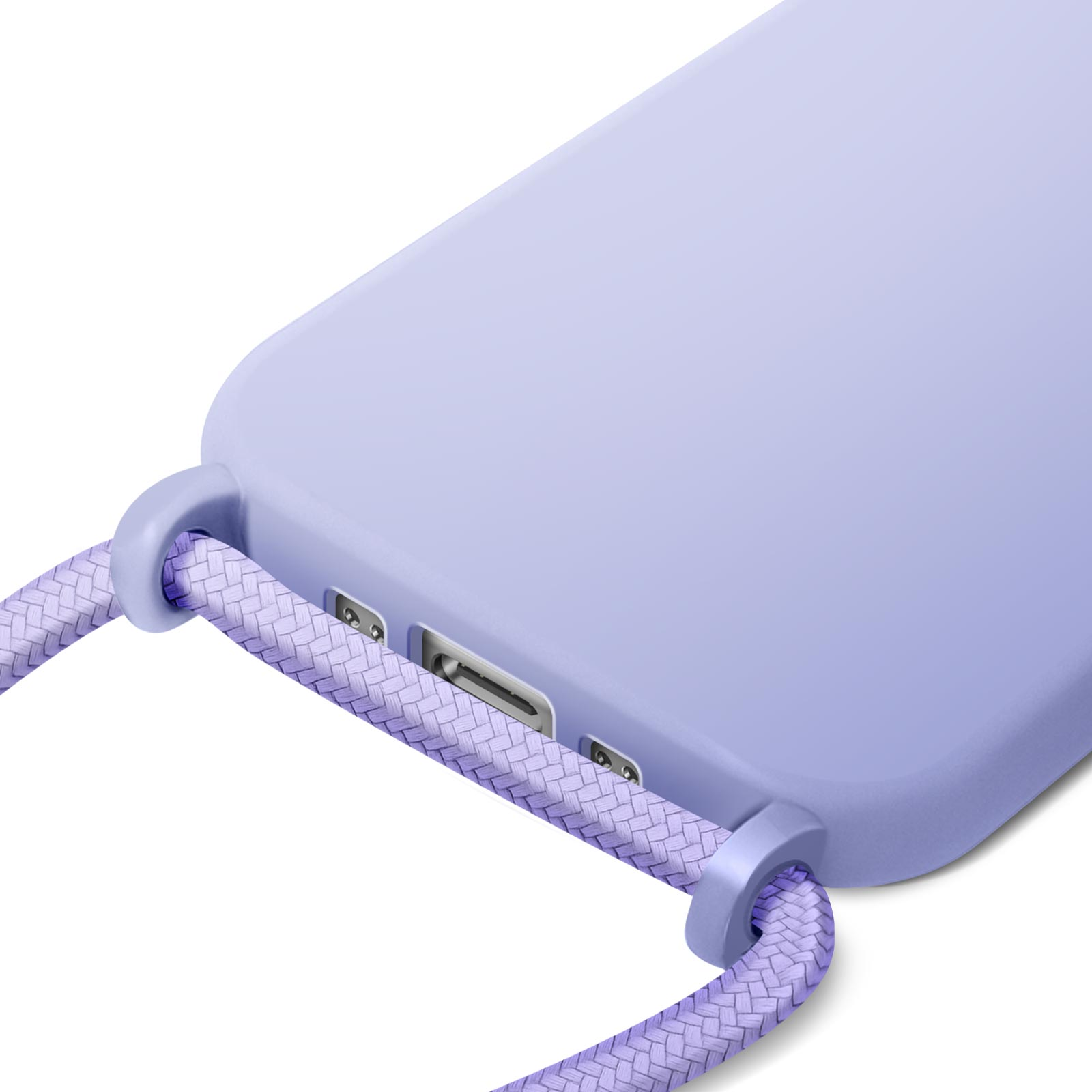 Primo piano di una custodia per telefono lavanda con cinturino in corda intrecciata e sfondo bianco.